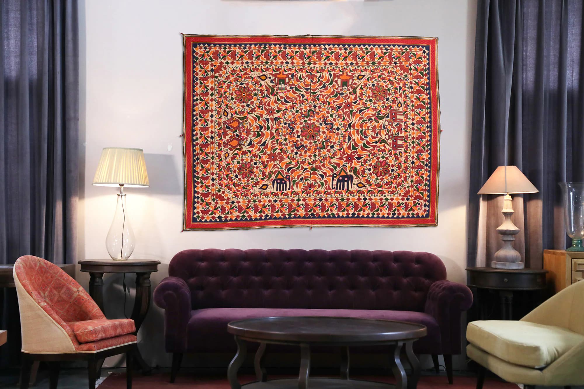 Indian Embroidered Mirror Work Wall Hanging, Antique Gujarati Textile, Bedroom Living Room Tapestry, Home decor, Indian Wall Art, 6.3*6.9 FT - image 3