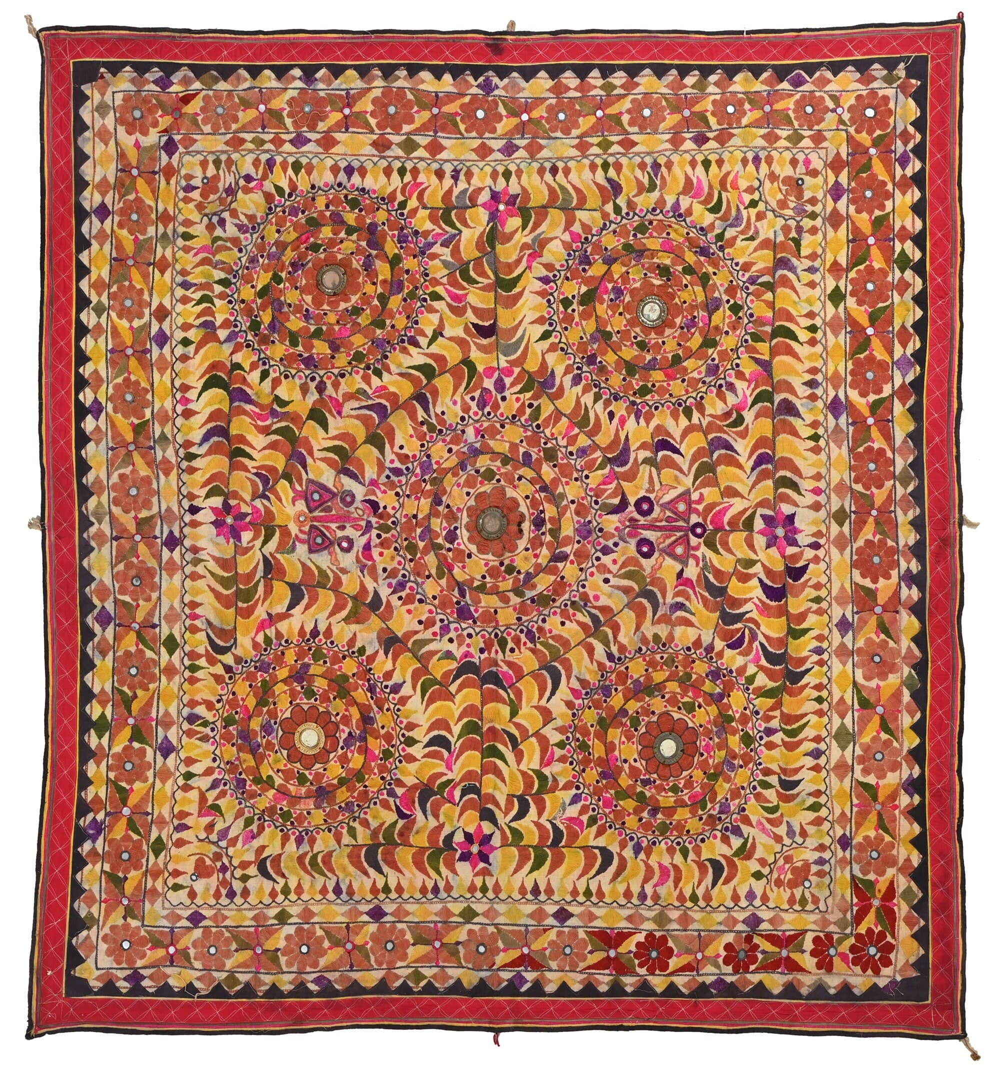 Vintage Hand Embroidered Mirror Work Tapestry Gujarati Textile Home Decor Indian Wall Art Boho Banjara Tribal Wall Hanging 5.3*5.3 Ft
