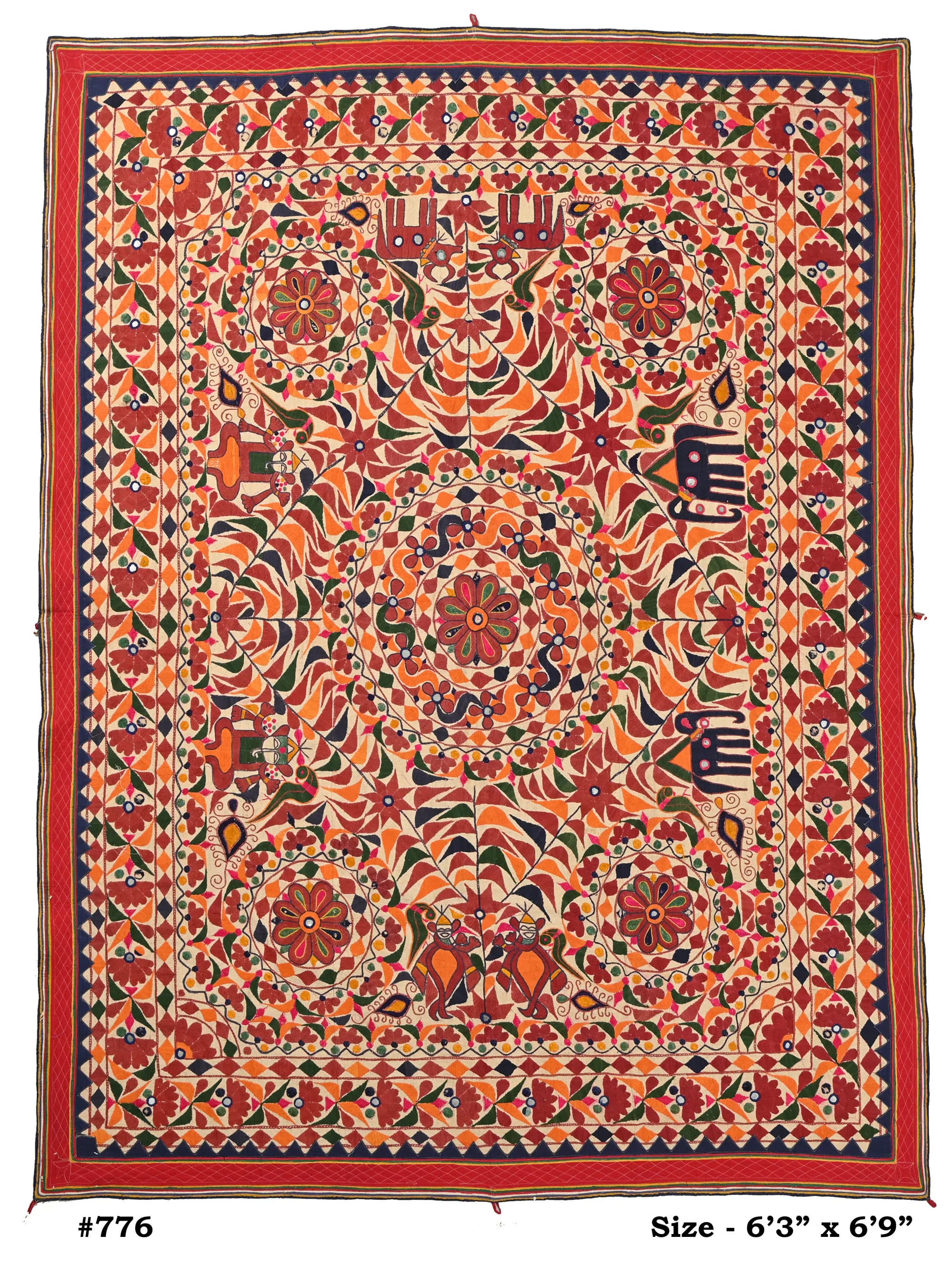 Indian Embroidered Mirror Work Wall Hanging, Antique Gujarati Textile, Bedroom Living Room Tapestry, Home decor, Indian Wall Art, 6.3*6.9 FT - image 4