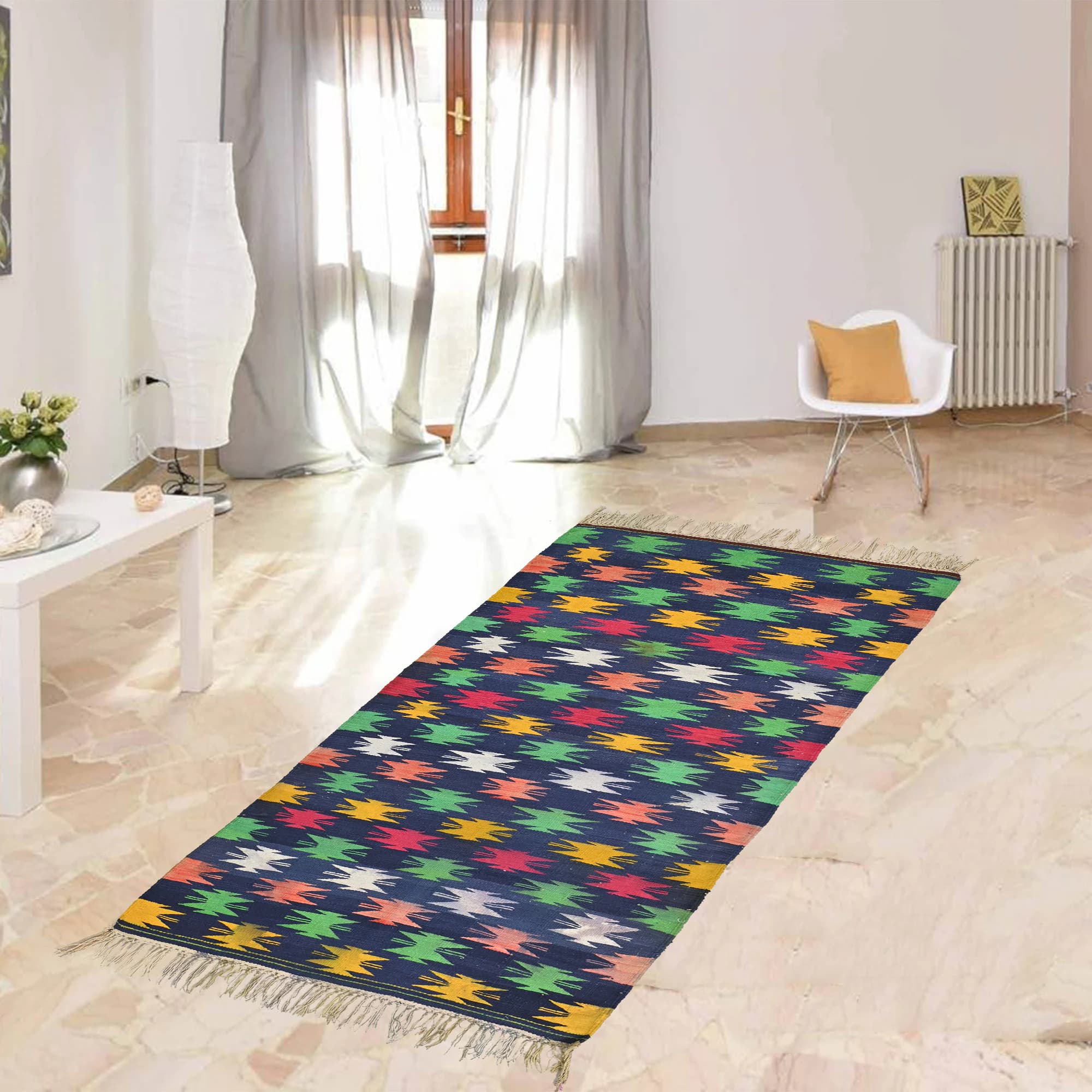 Contemporary Handmade Cotton Area Rug Flat Weave Natural Vegetable Dyed Rug Indian Dhurrie Reversible Wall Tapestry Handloomed Rug
