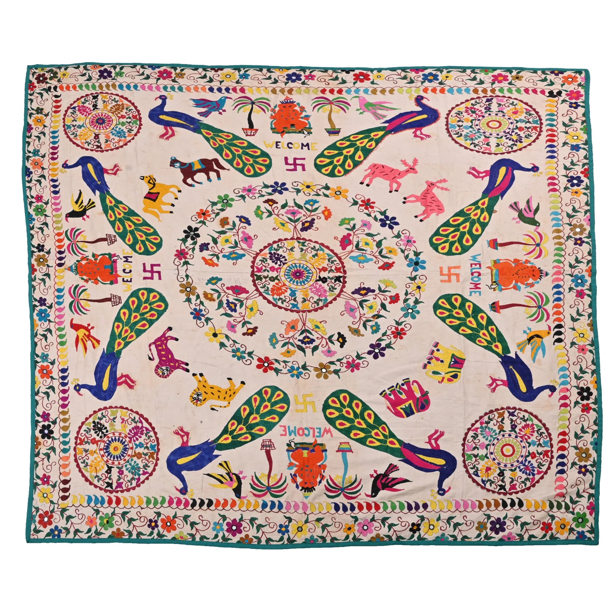 Peacock and Floral motifs multi embroidery Gujarati wall hangings, Traditional Living room decorative hand woven vintage textile - image 3