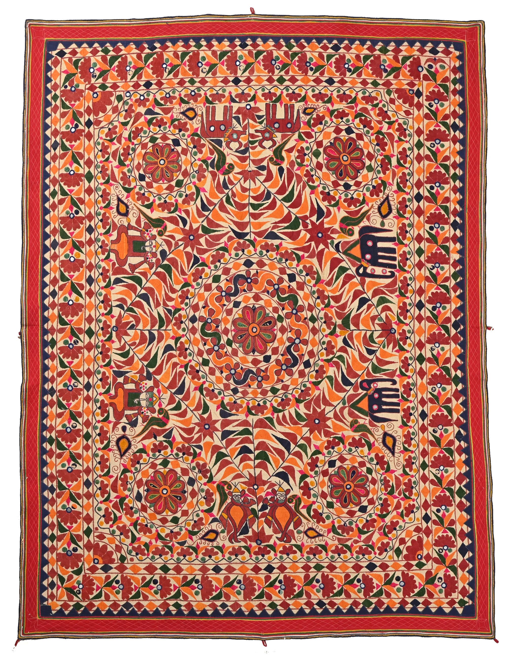 Indian Embroidered Mirror Work Wall Hanging, Antique Gujarati Textile, Bedroom Living Room Tapestry, Home decor, Indian Wall Art, 6.3*6.9 FT