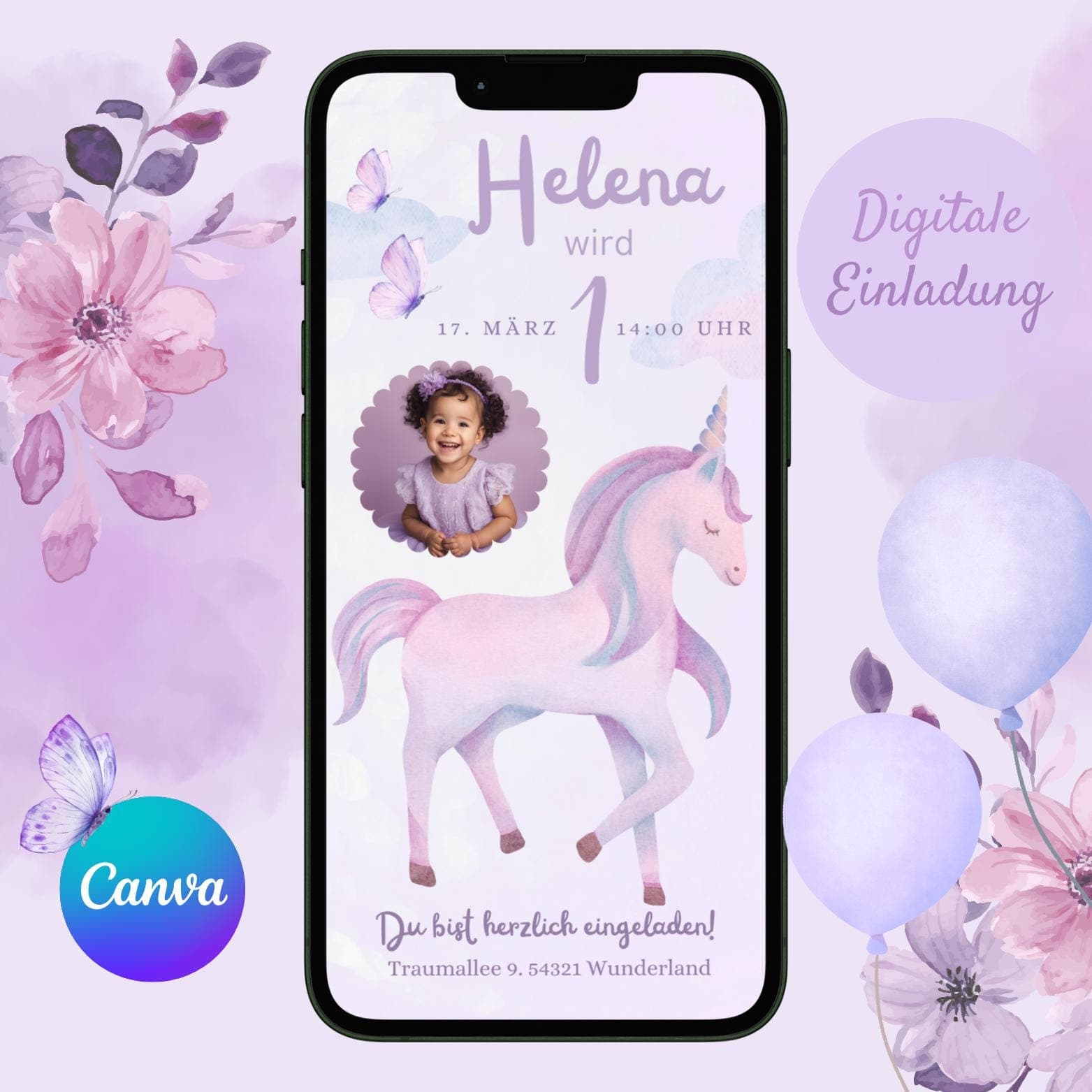 Digitale Einladung Kindergeburtstag Einhorn, personalisierbare Einladung WhatsApp, Einladung Foto Mädchen, Geburtstagseinladung Handy