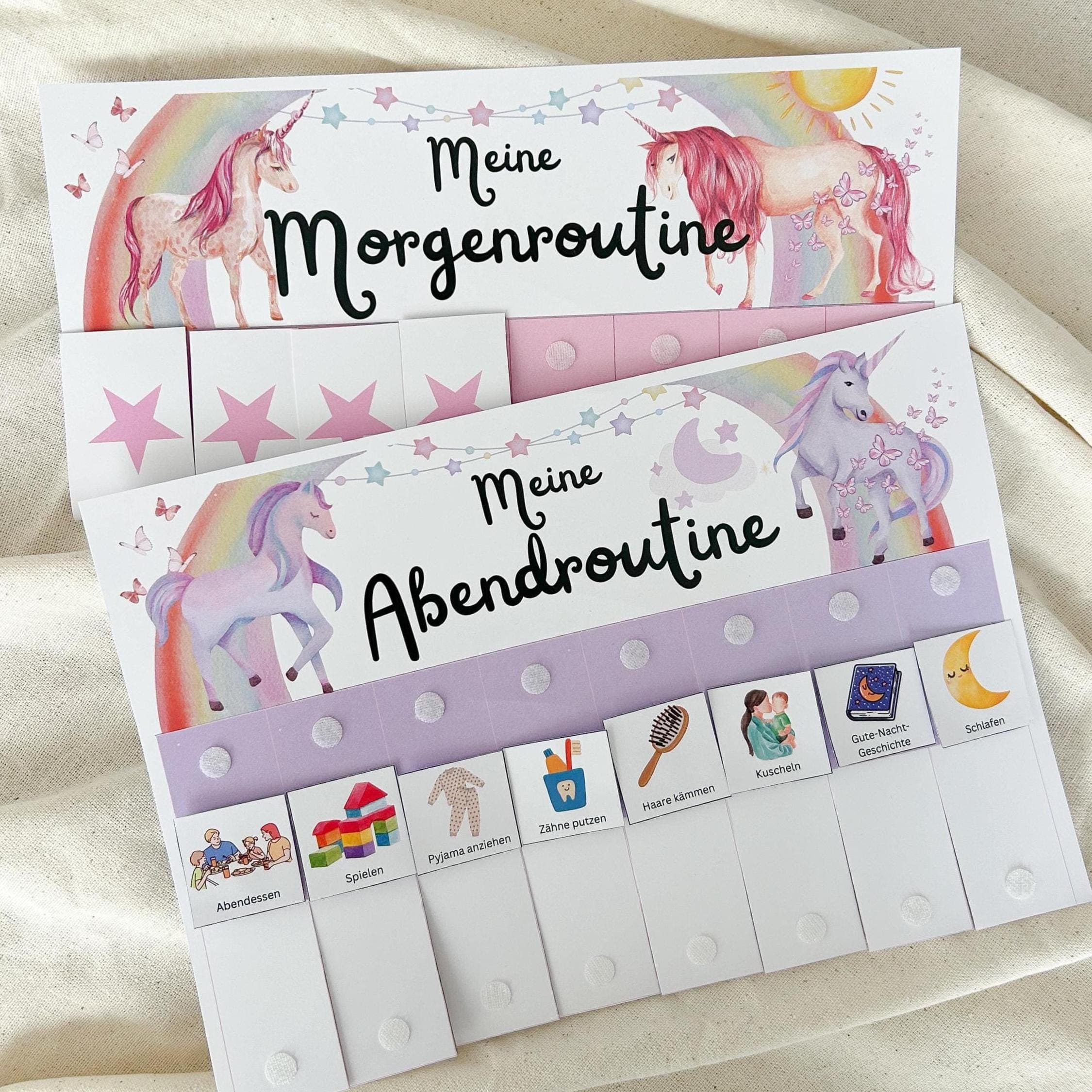 Einhorn Morgen & Abendroutine für Kinder  Regenbogen, Tagesplan mit Sternchen, Routineplan für Kinder, zum ausdrucken, Autismus Bildkarten