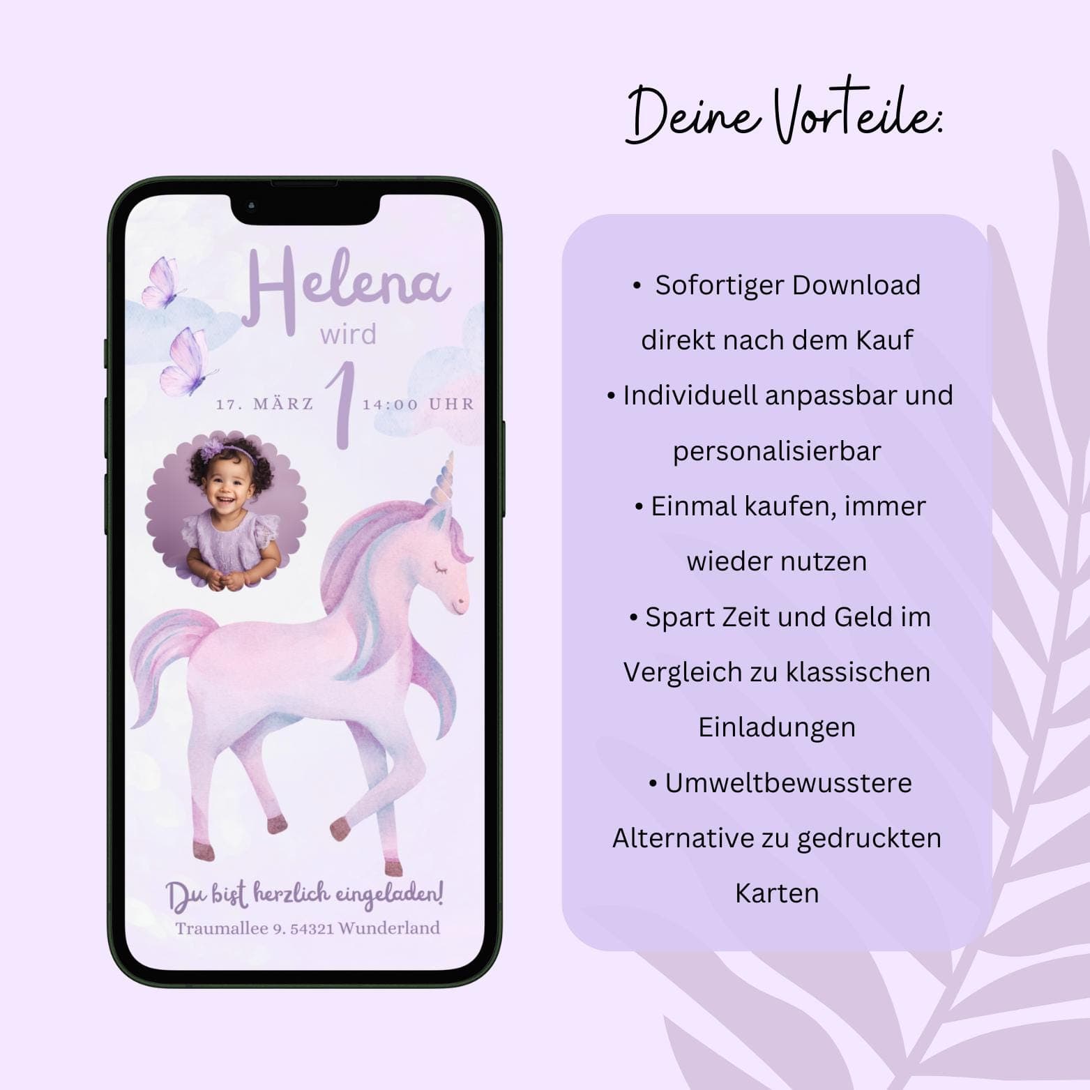 Digitale Einladung Kindergeburtstag Einhorn, personalisierbare Einladung WhatsApp, Einladung Foto Mädchen, Geburtstagseinladung Handy - image 4