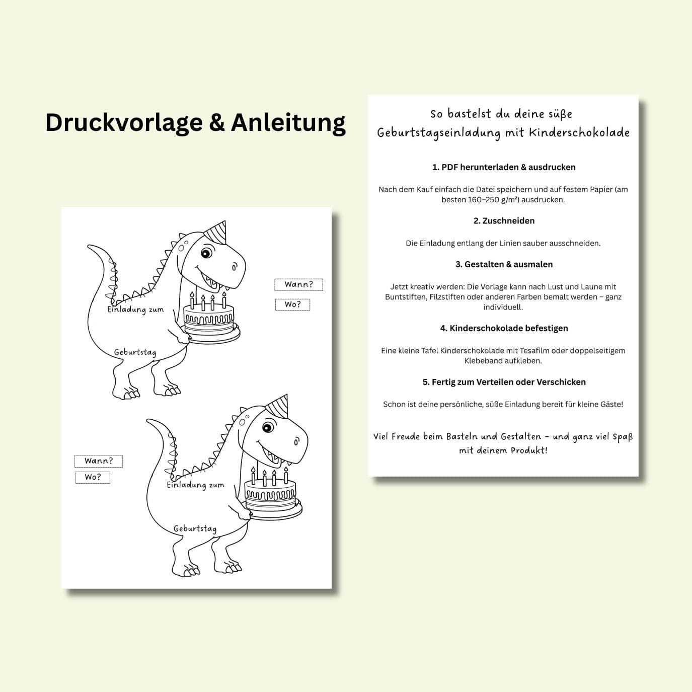 Dino Geburtstagseinladung - A4 PDF Druckvorlage, Bastelvorlage Geburtstagseinladung, Einladungskarte Kindergeburtstag, Einladung Dino - image 4