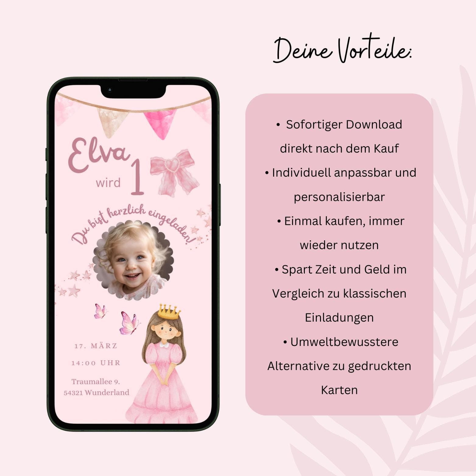 Digitale Einladung Kindergeburtstag Prinzessin, personalisierbare Einladung WhatsApp, Einladung Foto Mädchen, Geburtstagseinladung Handy - image 3