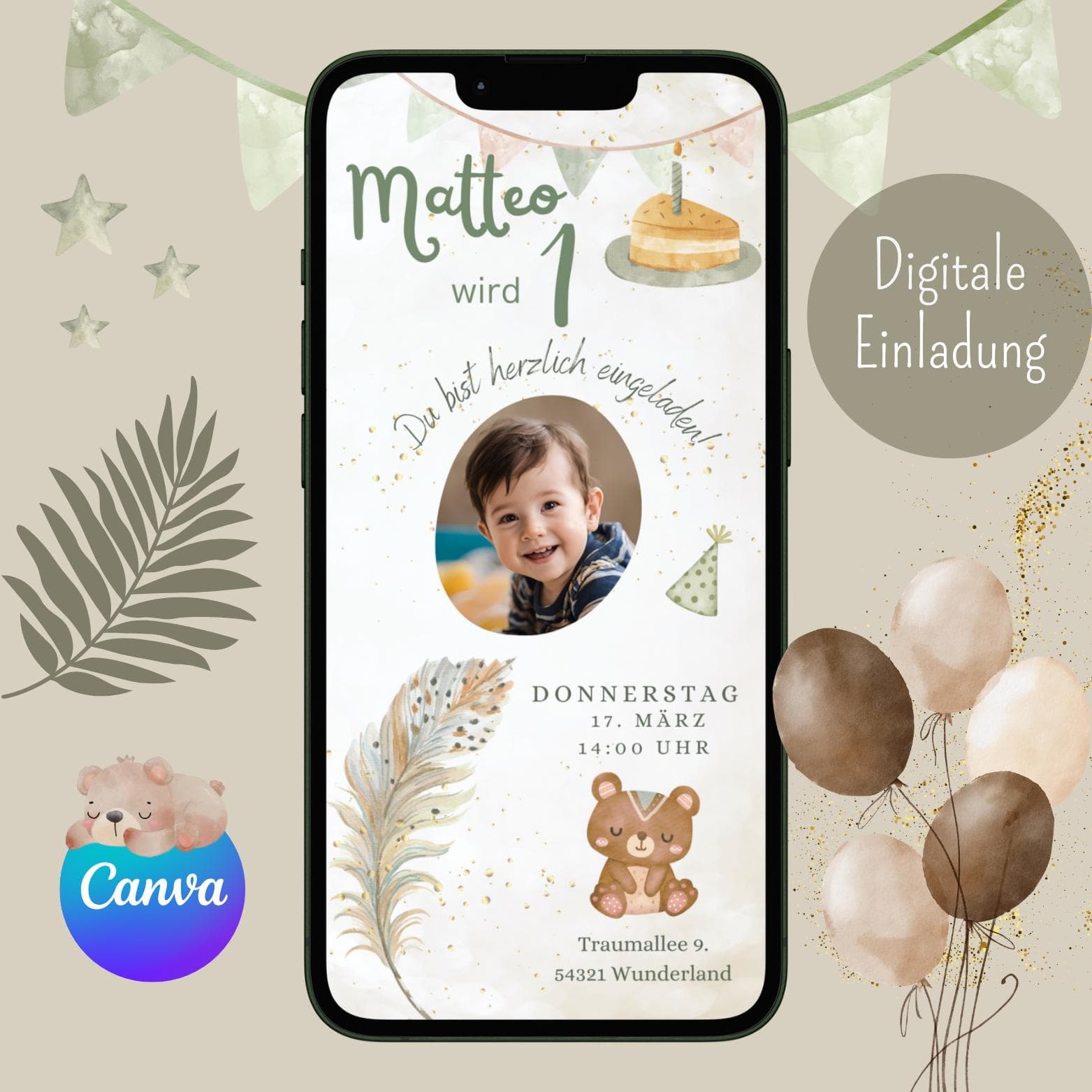 Digitale Einladung Kindergeburtstag, personalisierbare Einladung WhatsApp, Einladung Junge Boho, Geburtstagseinladung Handy, Vorlage Canva