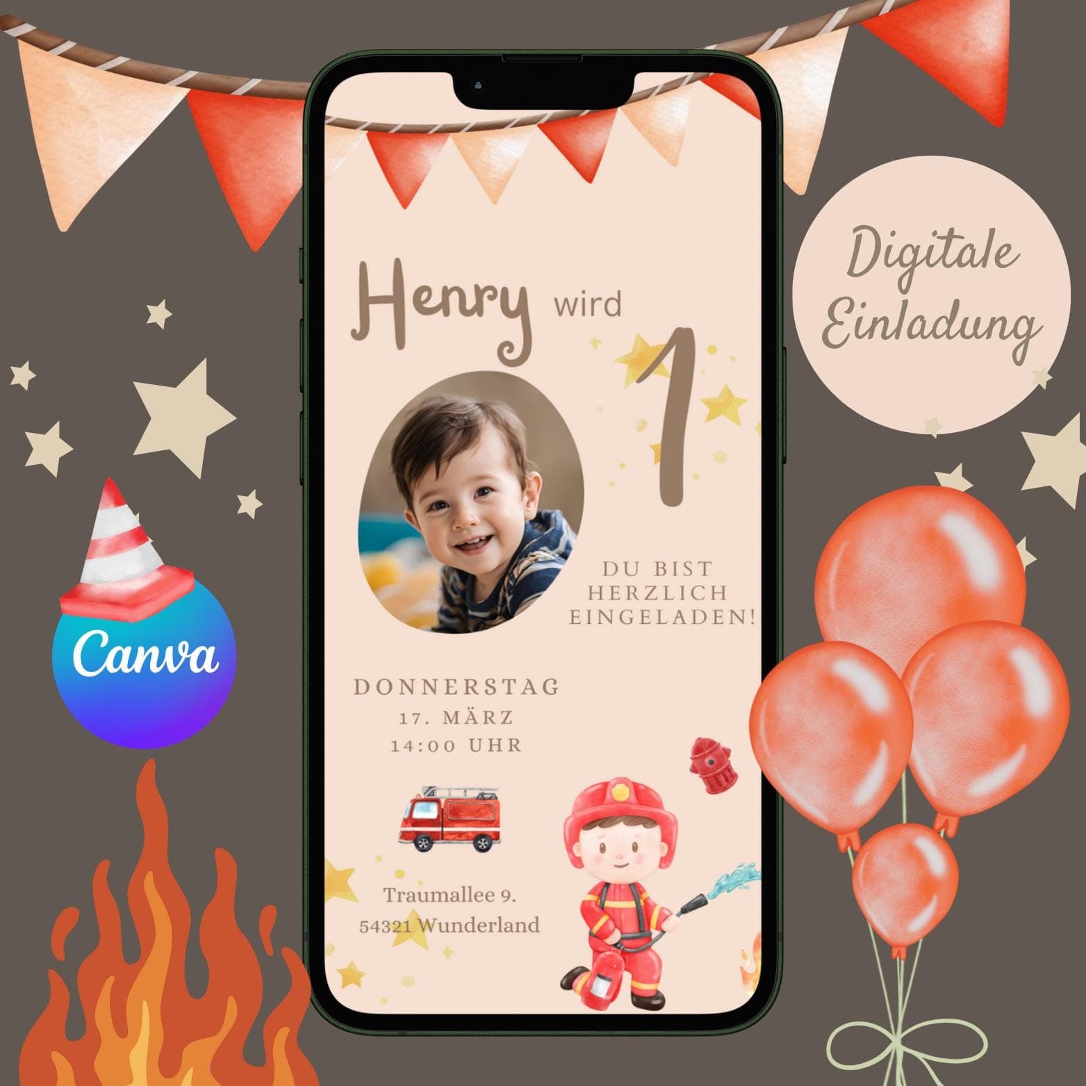 Feuerwehr digitale Einladung Kindergeburtstag , personalisierbare Einladung WhatsApp, Geburtstagseinladung mit Foto, Kindergeburtstag Junge