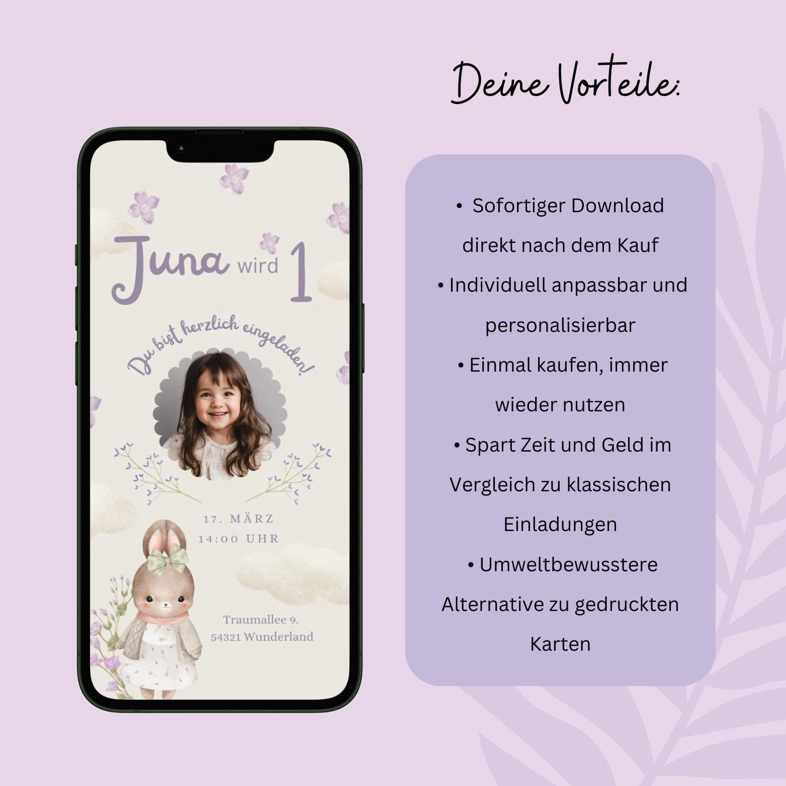 Digitale Einladung Kindergeburtstag Kaninchen, personalisierbare Einladung WhatsApp, Einladung Foto Mädchen, Geburtstagseinladung Handy - image 3