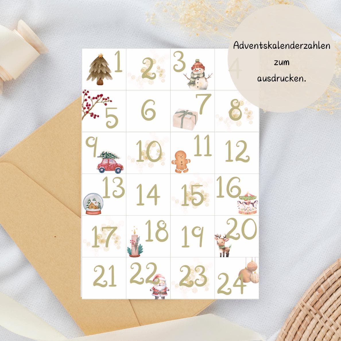Adventskalender Zahlen zum drucken Weihnachten, DIY Adventskalender Kinder, Digitaler Download, Adventskalender Kinder Zahlen