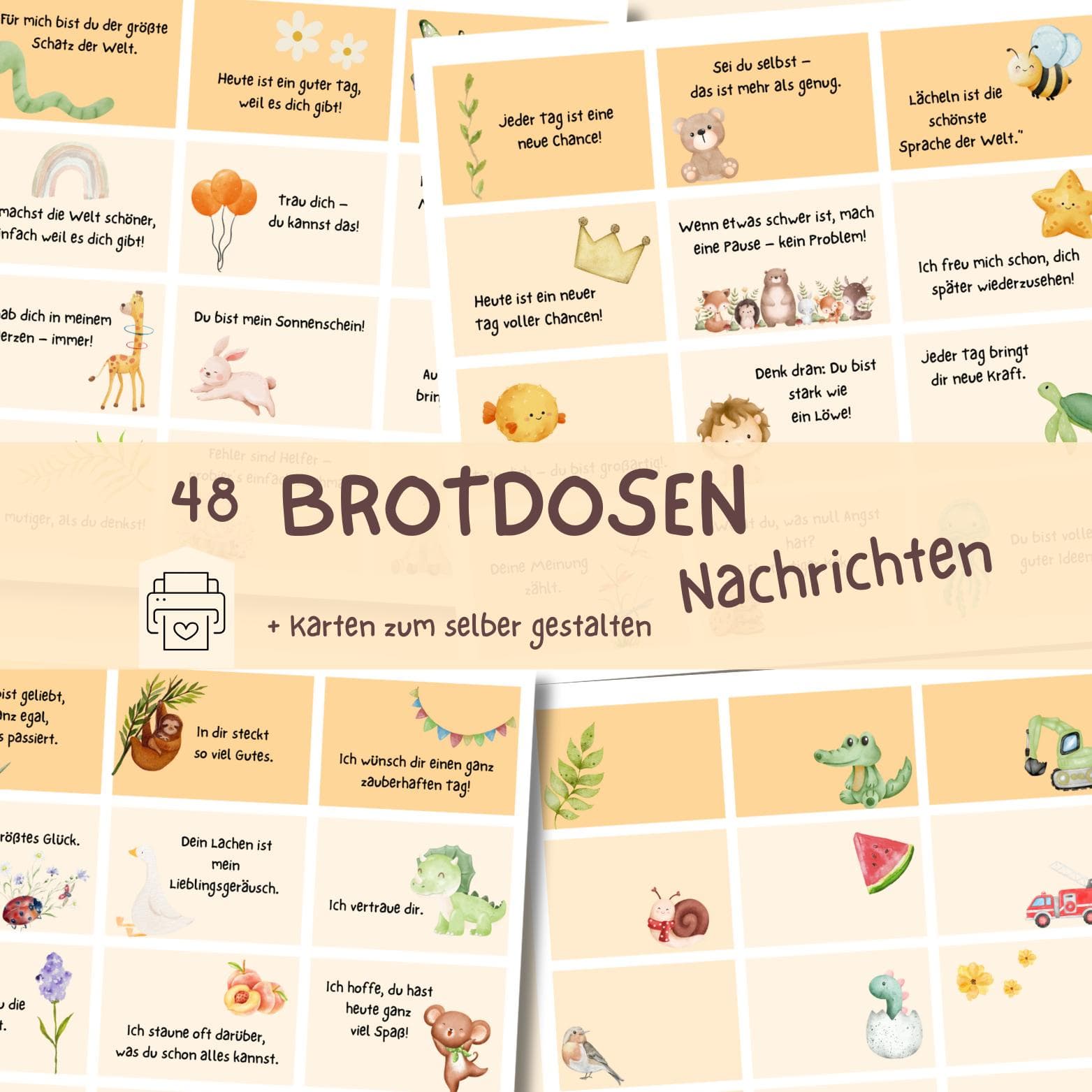 48 Brotdosen Nachrichten Tiermotiv- Pausenbox Kinder - Affirmationen Mutmacher - Lunchbox Kita und Schule - PDF digital download
