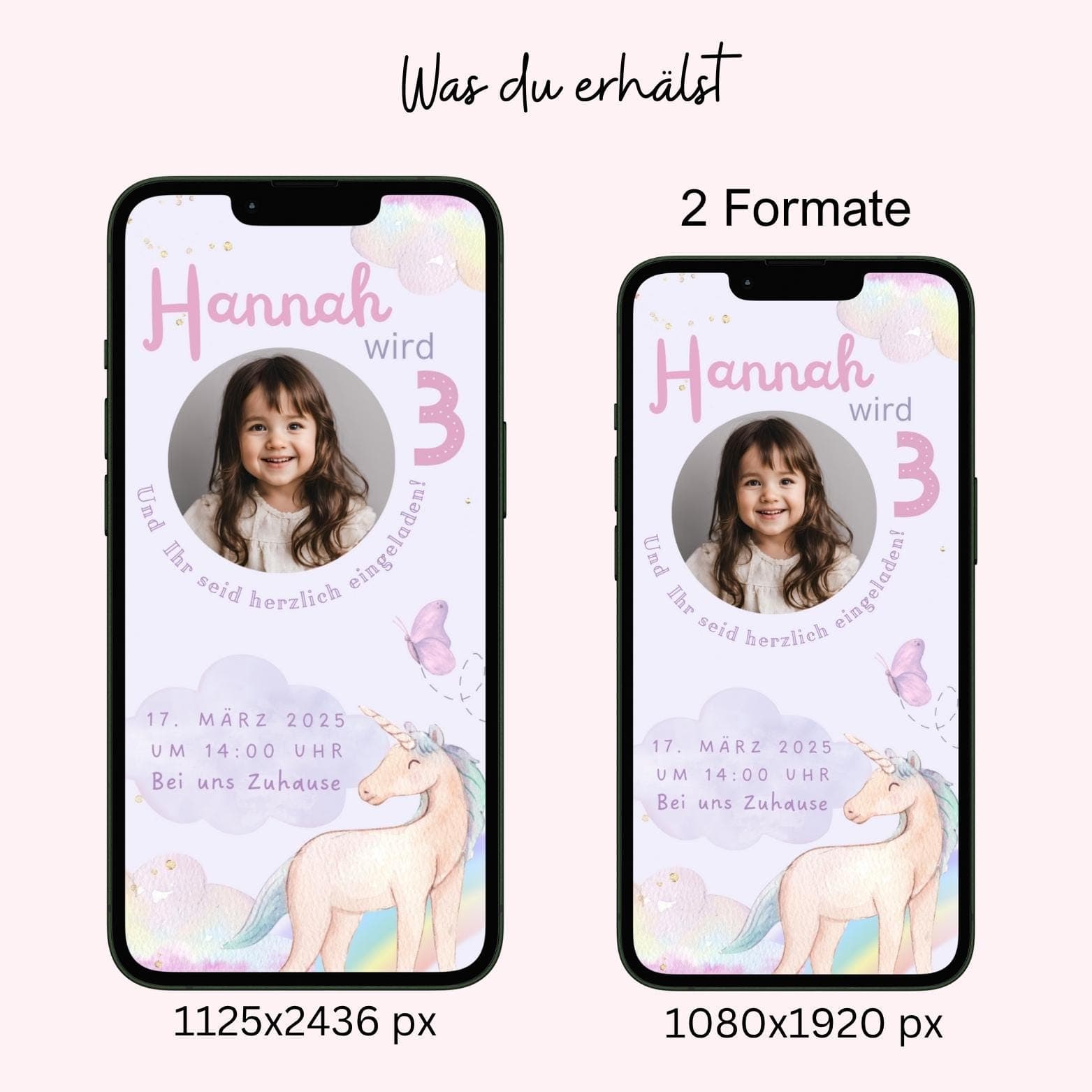 Digitale Einladung Kindergeburtstag Einhorn Regenbogen, personalisierbare Einladung WhatsApp, Geburtstag Mädchen rosa - image 3