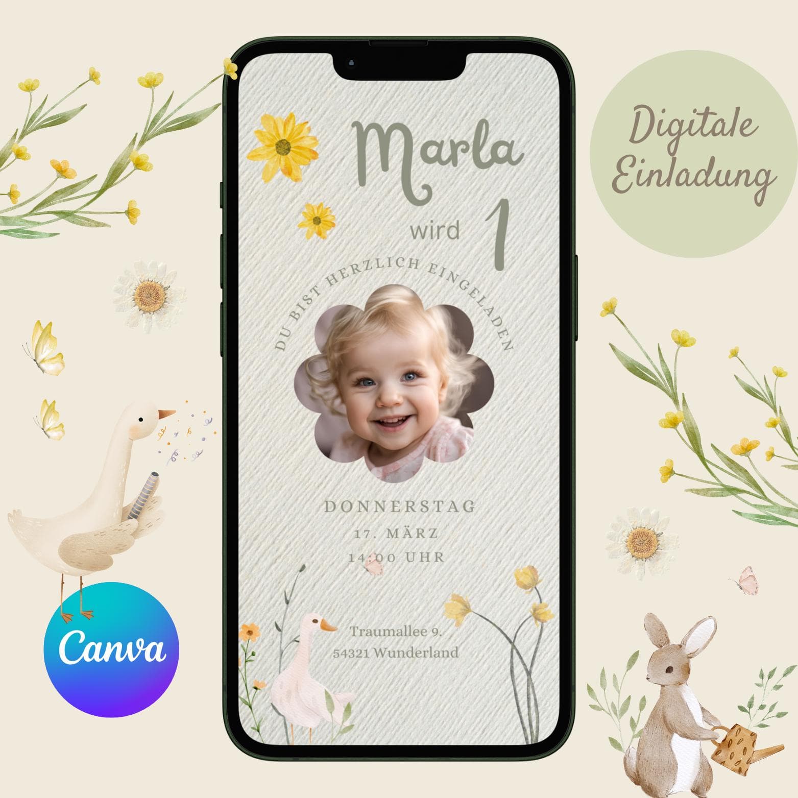Digitale Einladung Kindergeburtstag, personalisierbare Einladung WhatsApp, Einladung Foto Mädchen, Geburtstagseinladung Handy, Design Blume