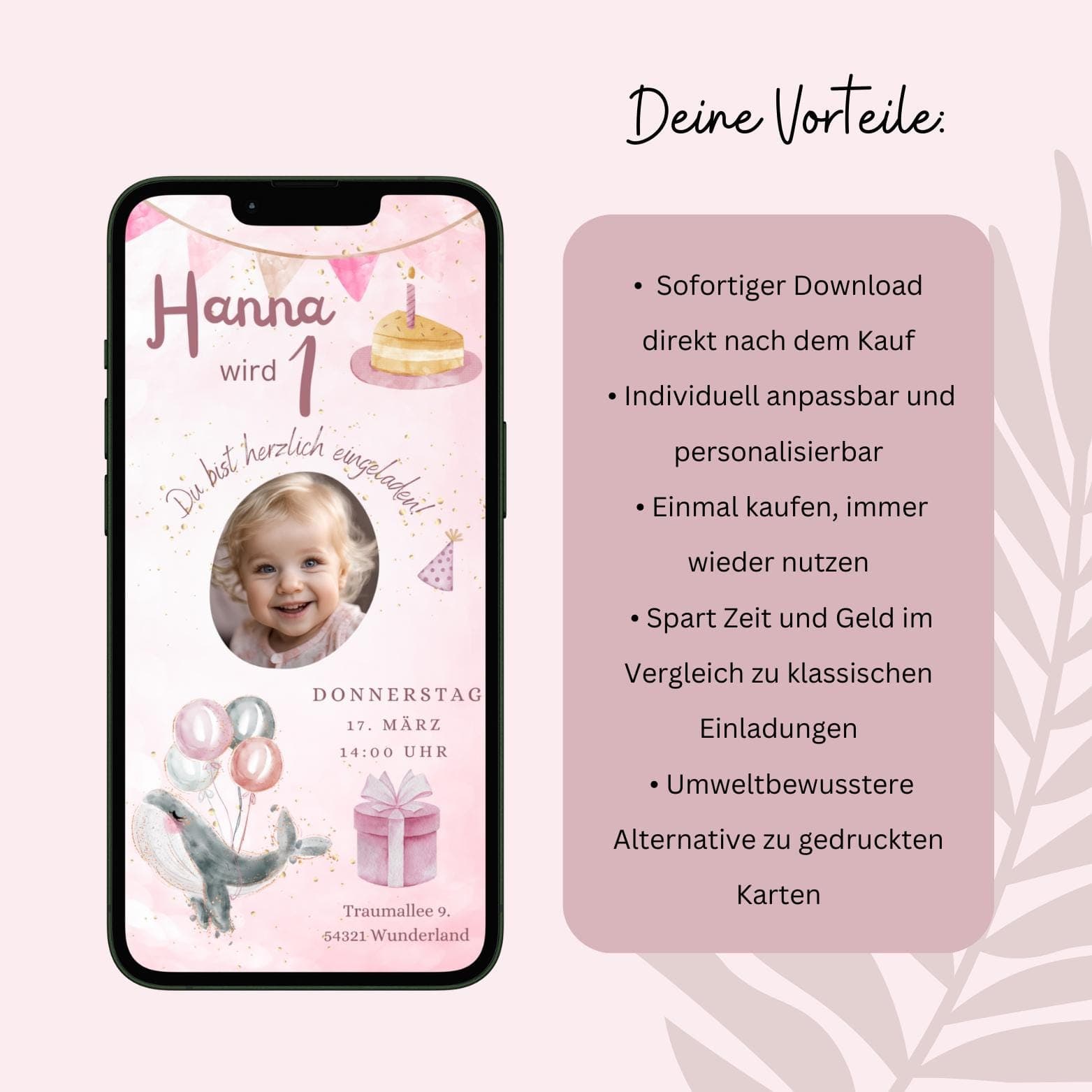Digitale Einladung Kindergeburtstag, personalisierbare Einladung WhatsApp, Einladung Foto Mädchen, Geburtstagseinladung Handy, Vorlage Canva - image 4