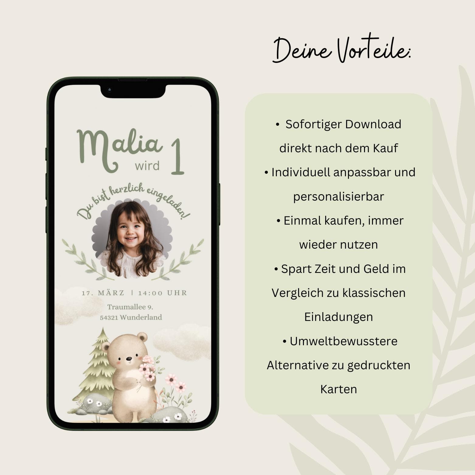 Digitale Einladung Kindergeburtstag Waldtiere, personalisierbare Einladung WhatsApp, Einladung Foto Mädchen, Geburtstagseinladung Handy - image 3