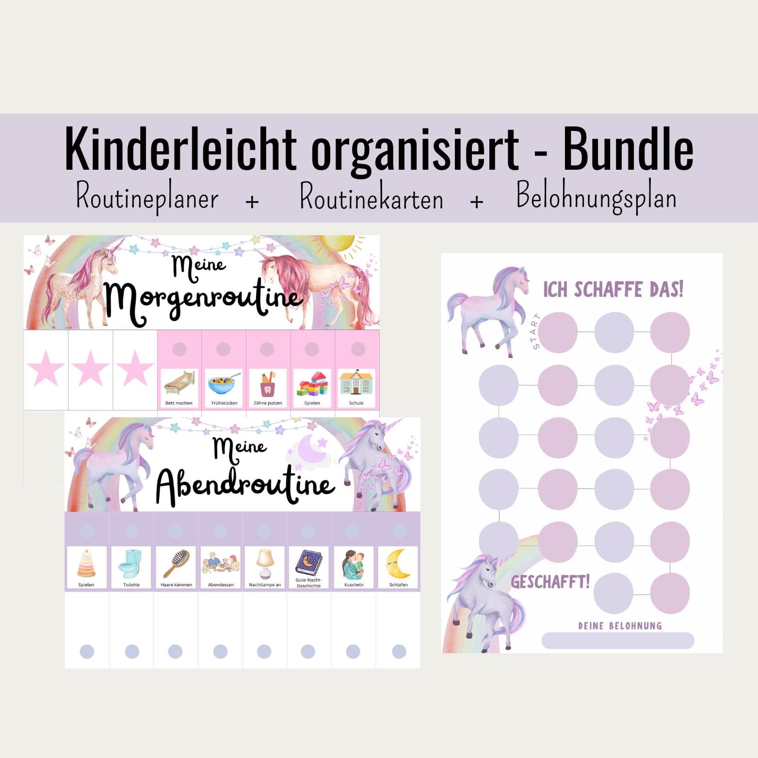 Morgen & Abendroutine für Kinder Einhorn Regenbogen, Routineplan für Kinder, Routinekarten Kinder, Belohnungstafel Kinder