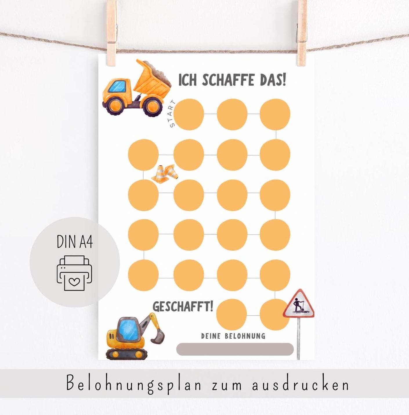 Belohnungstafel für Kinder Bagger, Belohnungstafel Baustelle, PDF Download, Belohnungsplan Kinder, Töpfchentraining, Motivation für Kinder