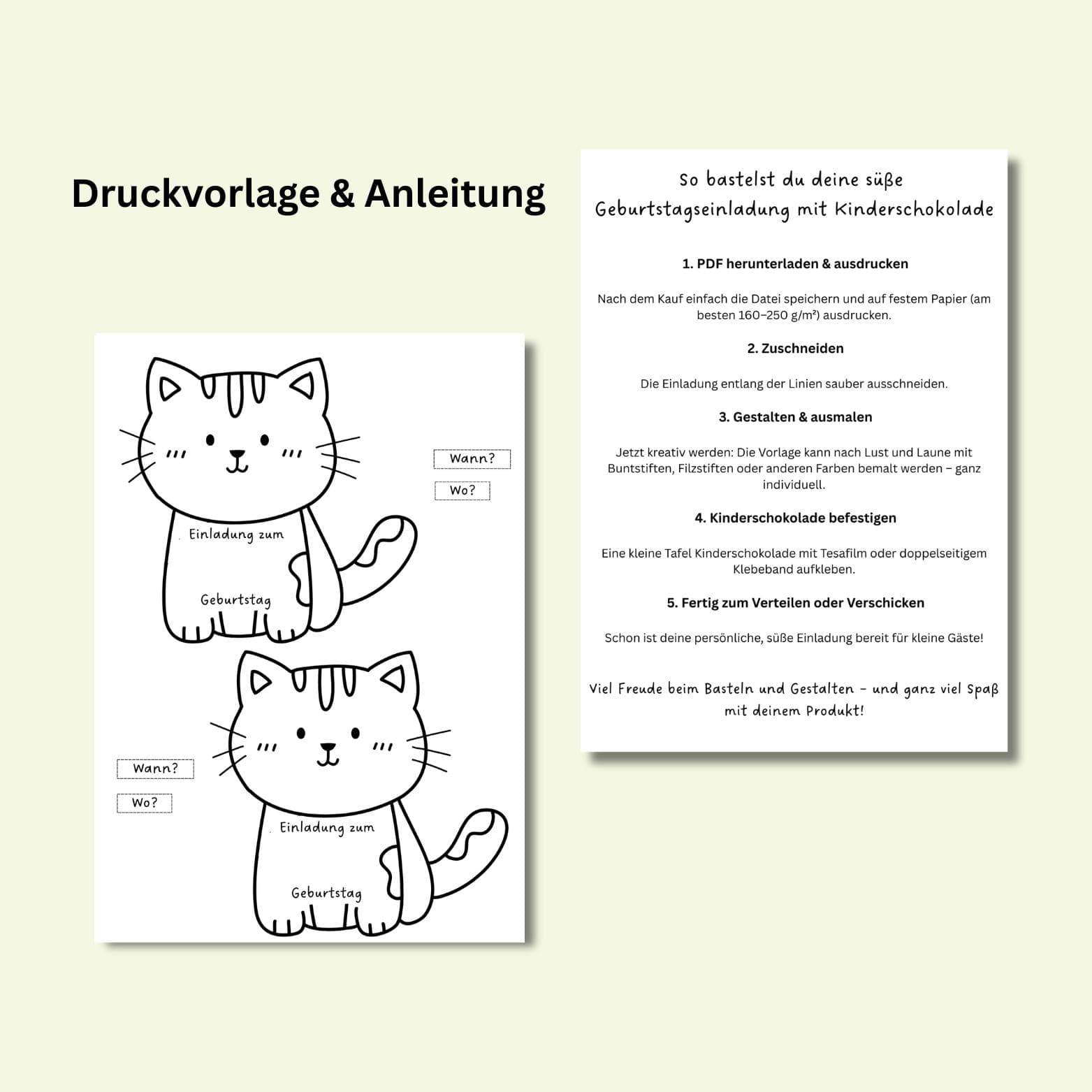 Katze Bastelvorlage für Kindergeburtstag, Einladungskarte für Kindergeburtstag, PDF Druckvorlage Kinder, Einladungskarte Kindergeburtstag - image 4
