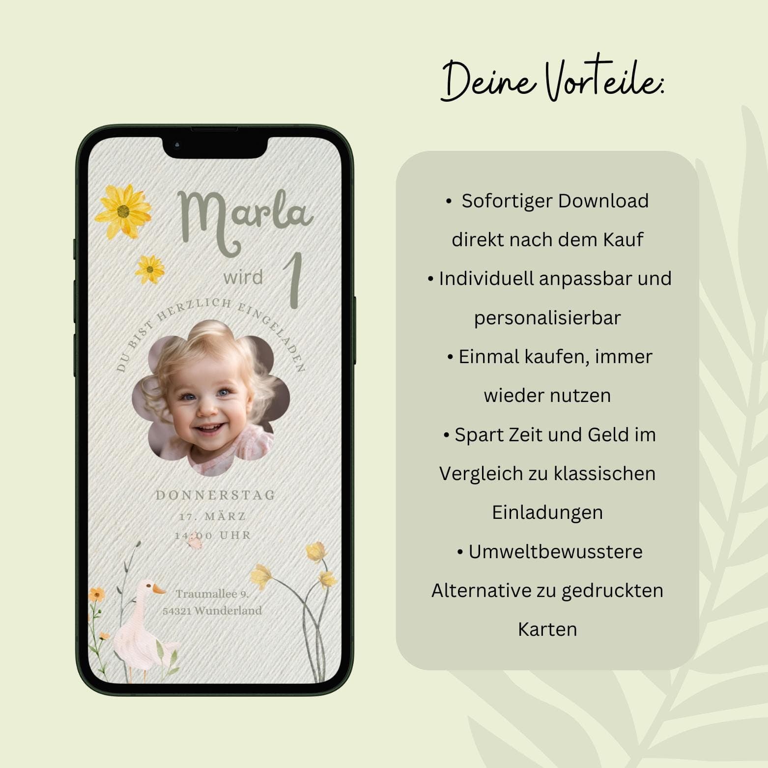 Digitale Einladung Kindergeburtstag, personalisierbare Einladung WhatsApp, Einladung Foto Mädchen, Geburtstagseinladung Handy, Design Blume - image 3