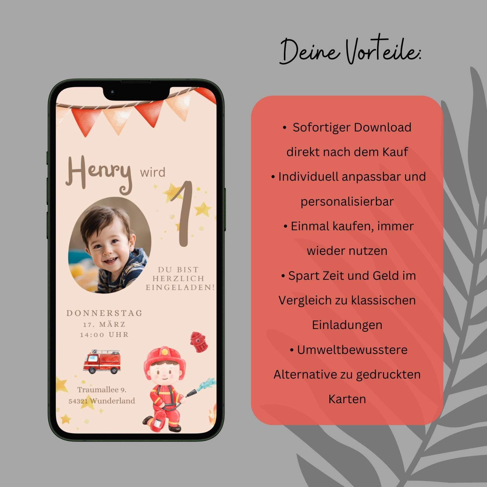 Feuerwehr digitale Einladung Kindergeburtstag , personalisierbare Einladung WhatsApp, Geburtstagseinladung mit Foto, Kindergeburtstag Junge - image 3