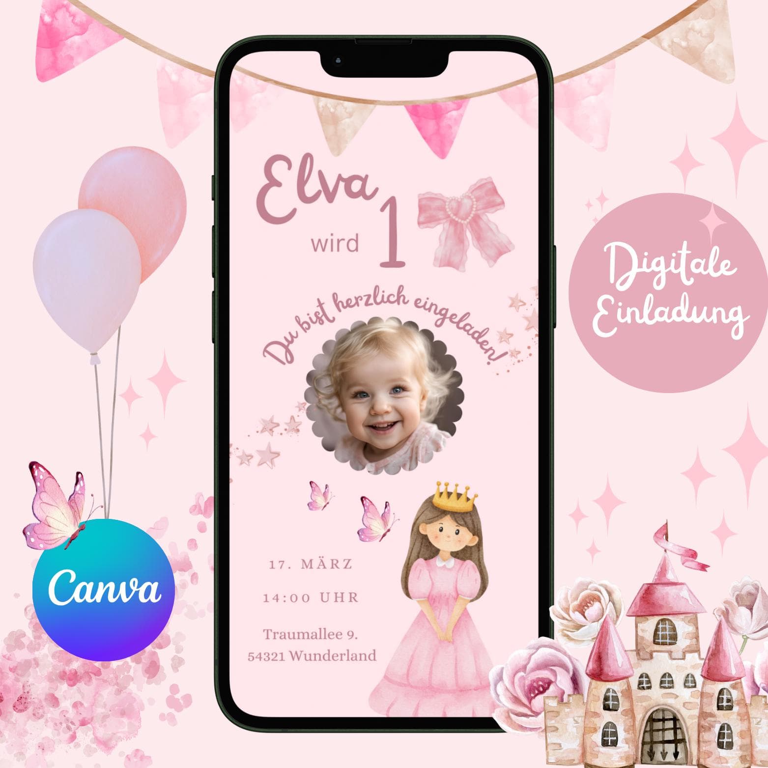 Digitale Einladung Kindergeburtstag Prinzessin, personalisierbare Einladung WhatsApp, Einladung Foto Mädchen, Geburtstagseinladung Handy