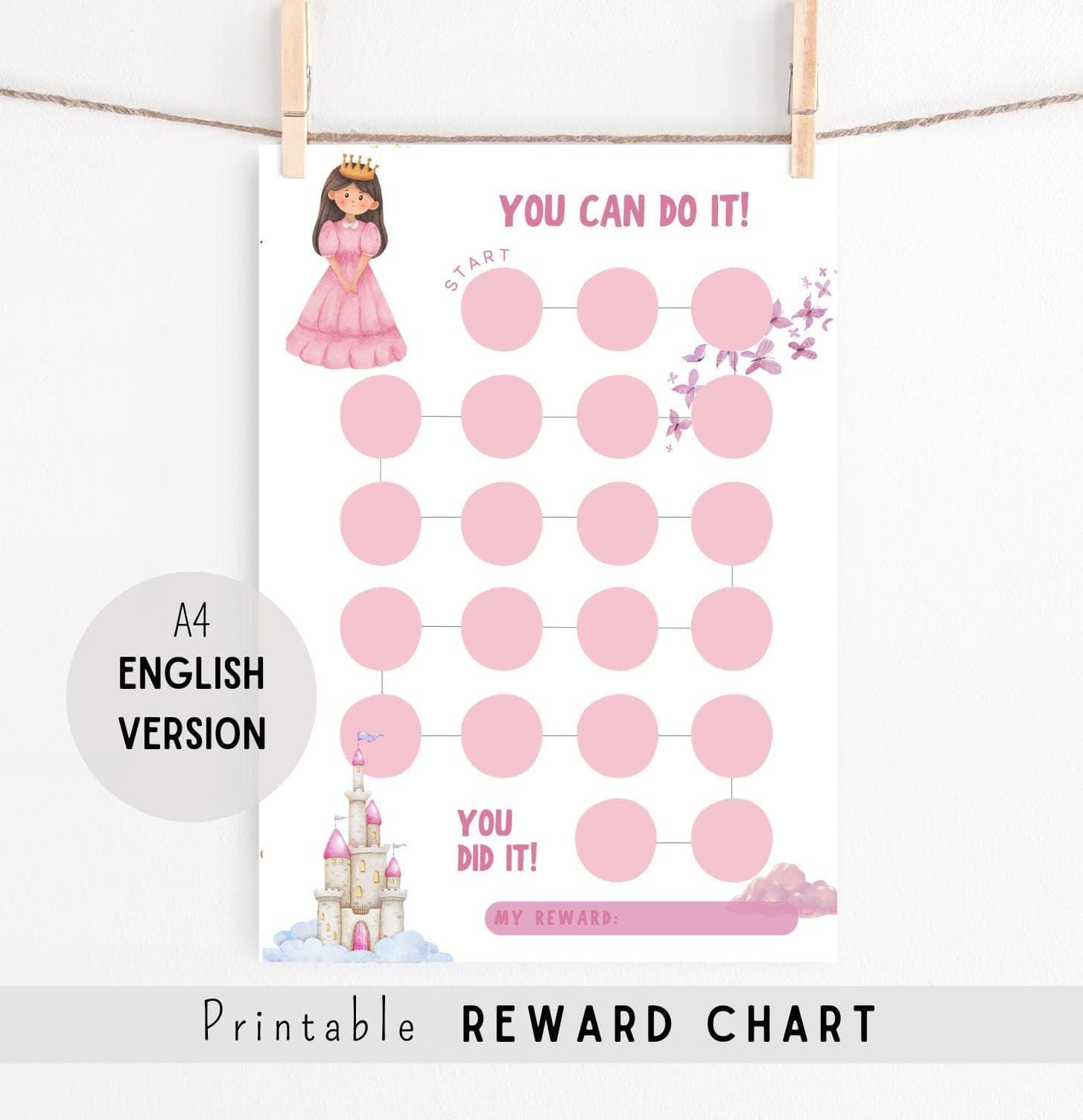 Princess reward chart for kids, reward chart for toddlers, behavior chart kids, kids reward chart, preschool printables, potty training kids