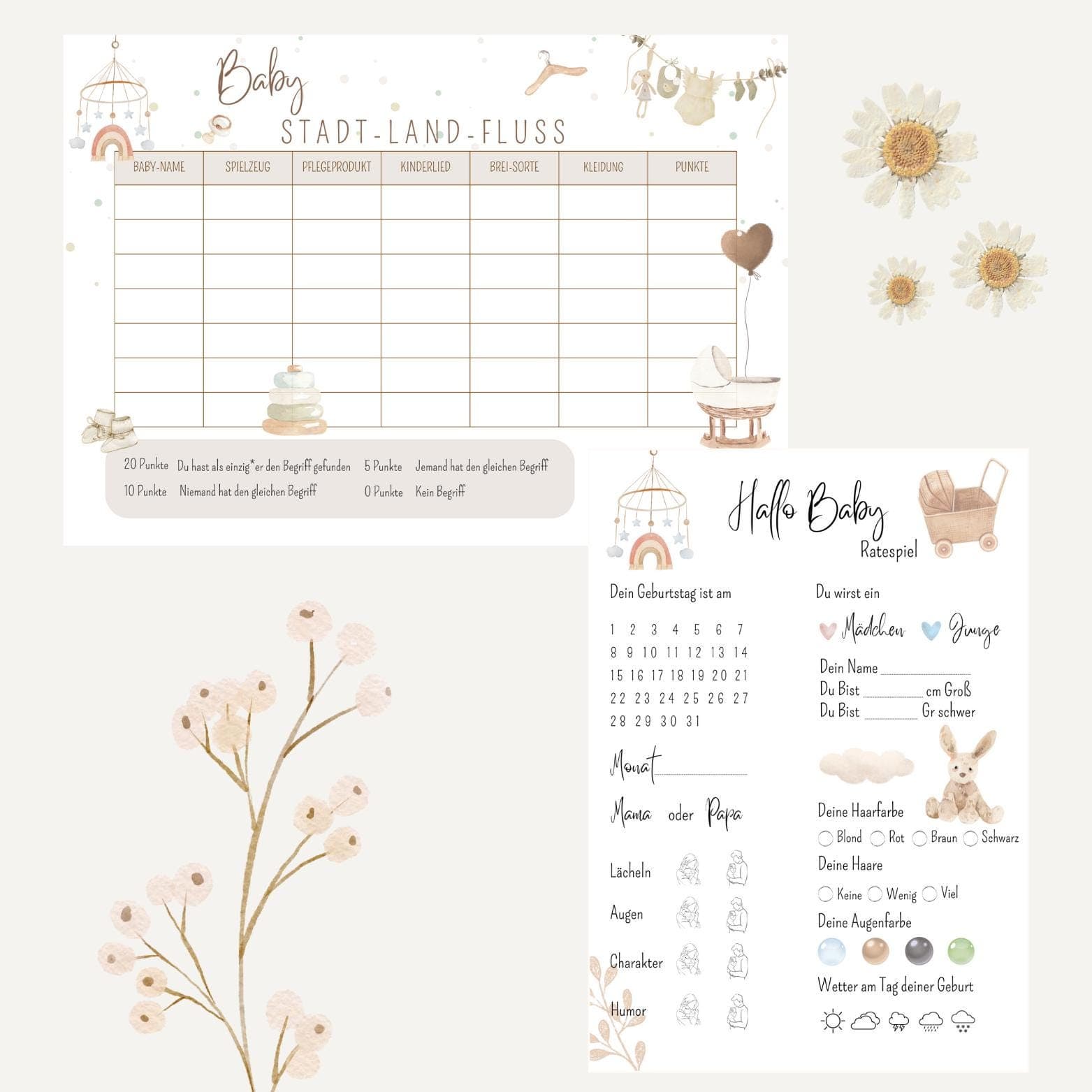 2er Babyparty Spielset PDF / Ratespiel & Stadt Land Baby / Babyshower Spielidee Boho / Ausfüllkarten zum Ausdrucken - image 3