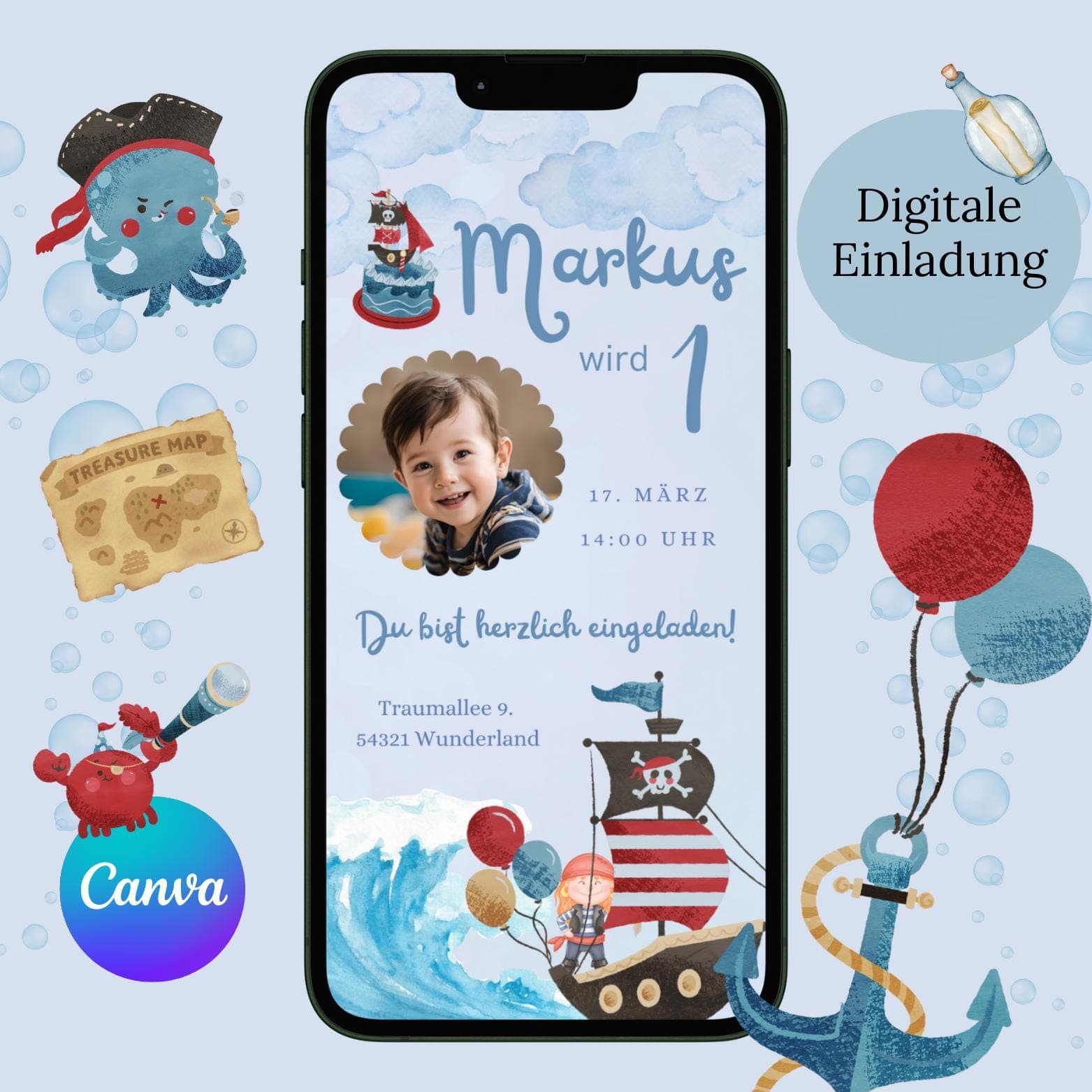 Einladung Kindergeburtstag Pirat, personalisierbare Einladung WhatsApp, Geburtstag Junge, Geburtstagseinladung Handy, whatsapp Vorlage