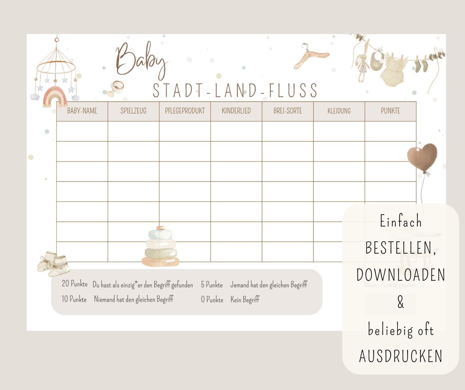 2er Babyparty Spielset PDF / Ratespiel & Stadt Land Baby / Babyshower Spielidee Boho / Ausfüllkarten zum Ausdrucken - image 4