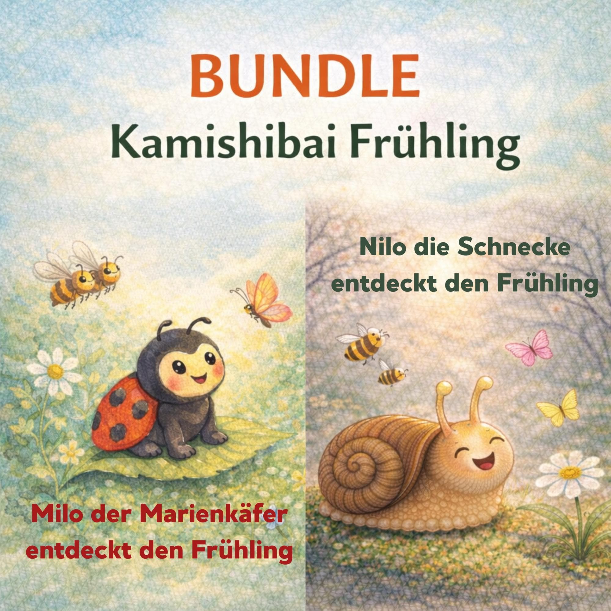 Kamishibai Frühling Bundle – Milo der Marienkäfer & Nilo die Schnecke | 2 Frühlingsgeschichten, U3 geeignet