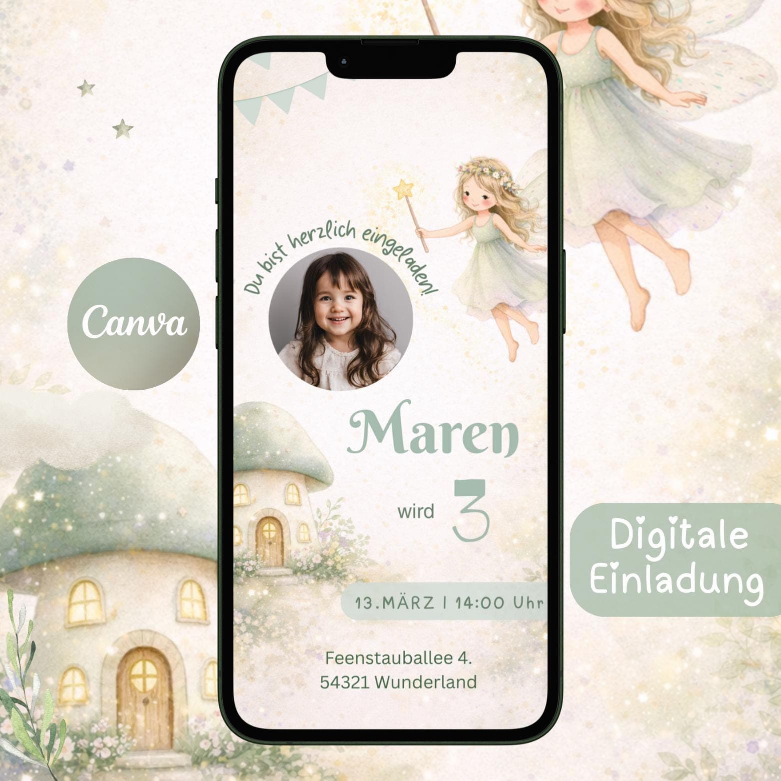 Einladung Kindergeburtstag Mädchen mit Foto, personalisierbare Einladung WhatsApp, Feen Geburtstag