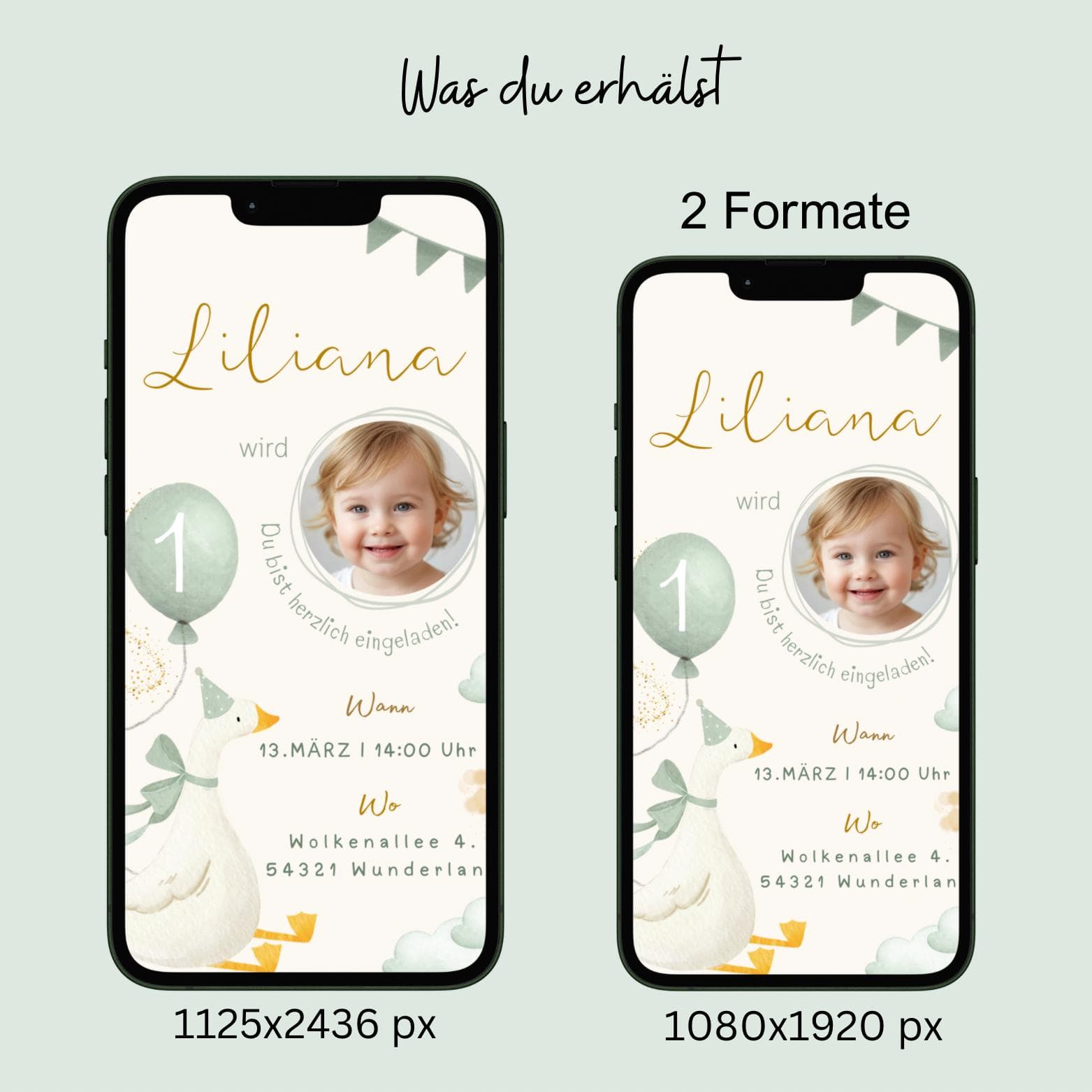Einladung erster Geburtstag mit Foto, Gans Geburtstag, personalisierbare Einladung WhatsApp, ecard Kindergeburtstag - image 3