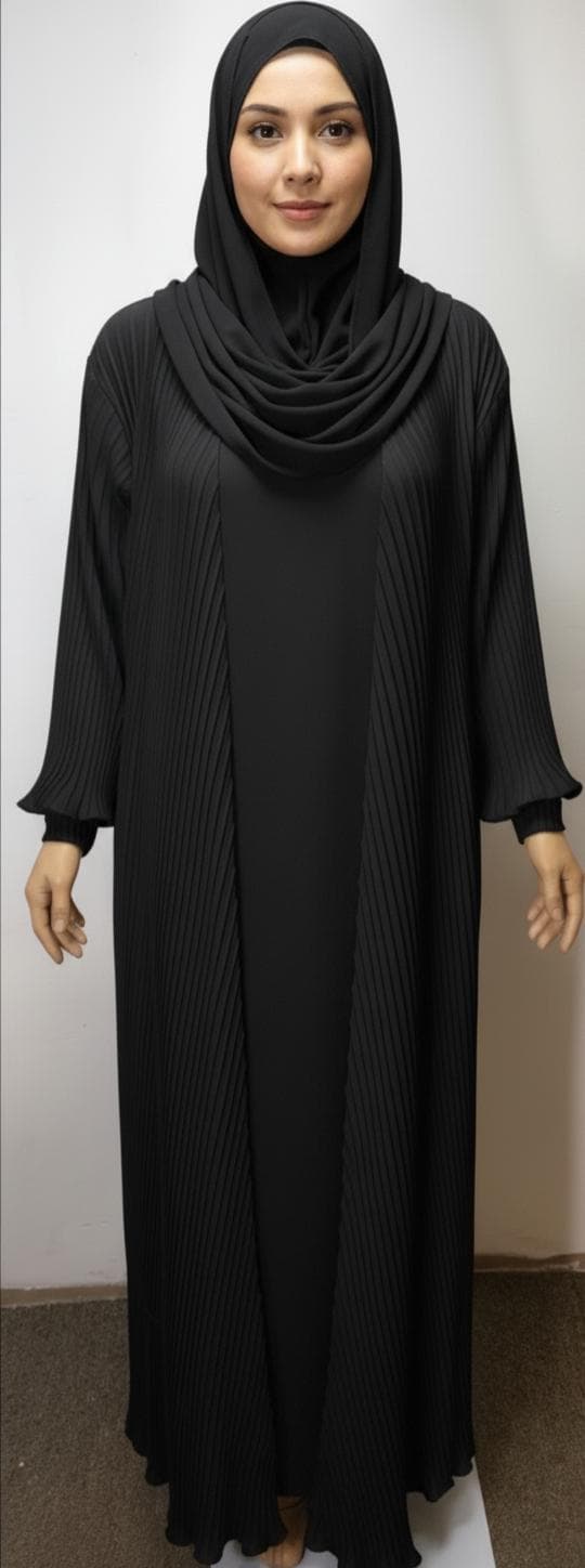 Pleated Black Abaya Kimono: Modest Fashion Dress with Headscarf & Belt - image 3