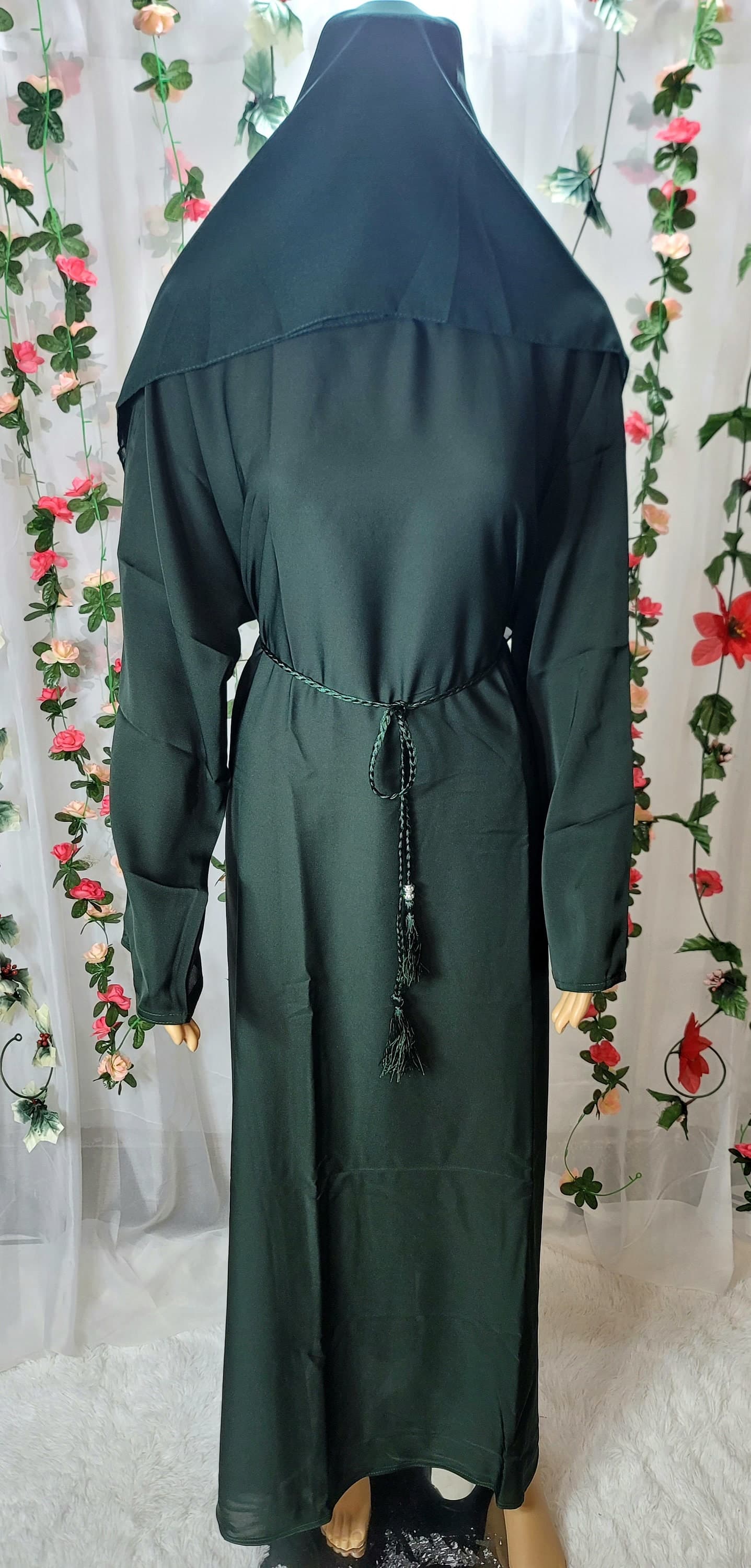 Green Abaya Dress: Modest Fashion Kimono with Headscarf & Belt - image 3