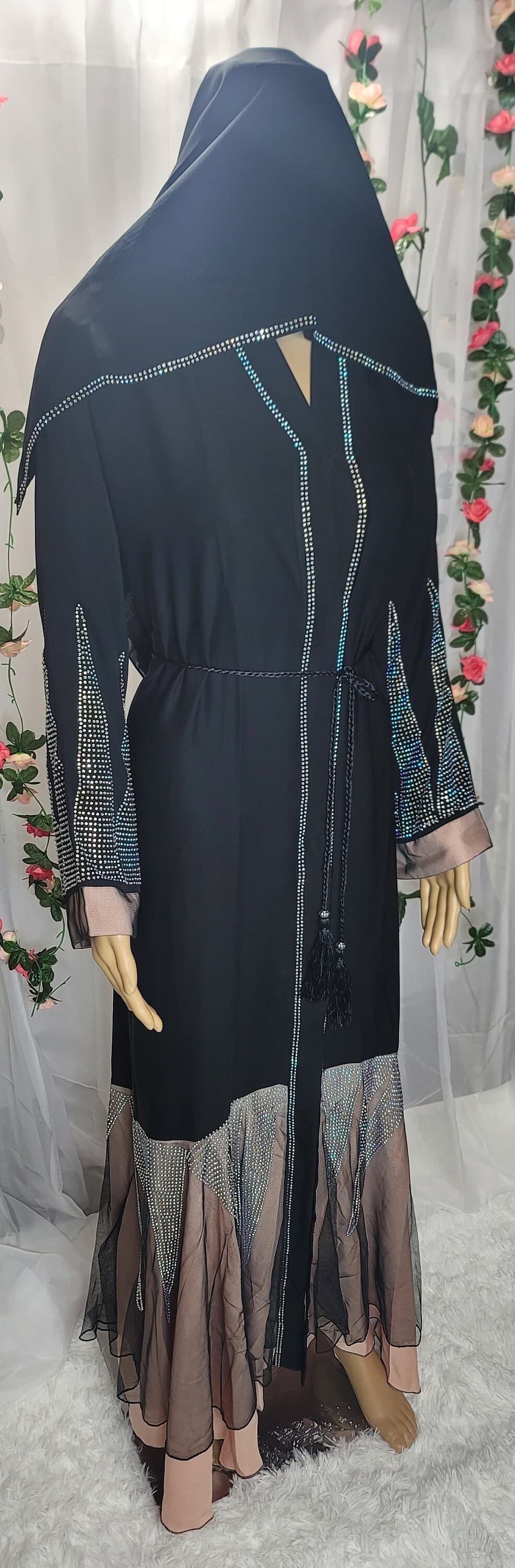 Rhinestone Black Abaya: Dubai Modest Fashion Kimono with Headscarf & Belt - image 4