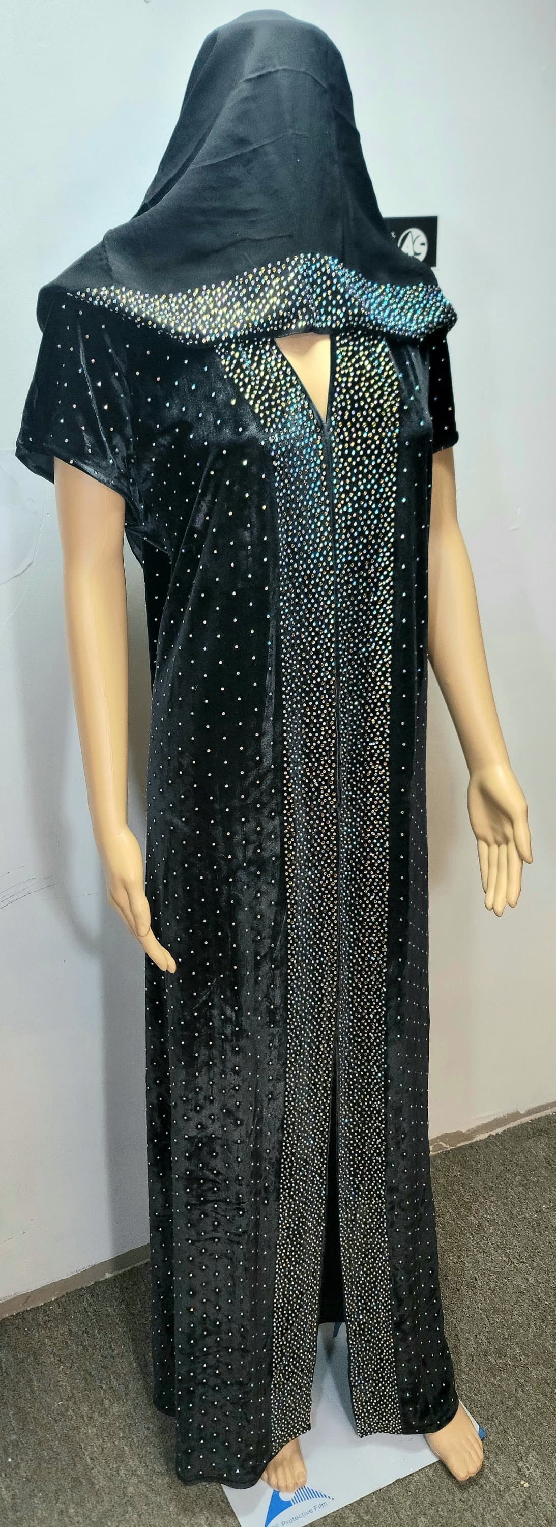 Velvet Rhinestone Abaya Kimono with Headscarf & Belt