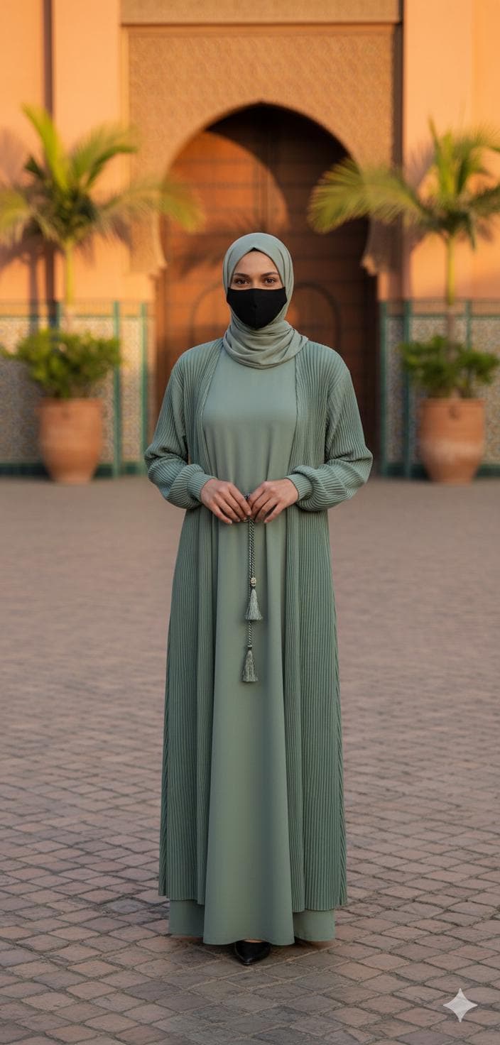 Light Sage Pleated Abaya Kimono: Dubai Modest Fashion with Headscarf & Belt