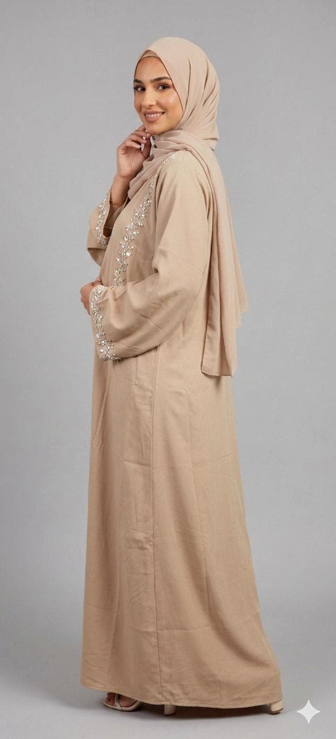 Elegant Beige Beaded Abaya – Modest Luxury Open Front Abaya with Hand Embellished Details - image 4