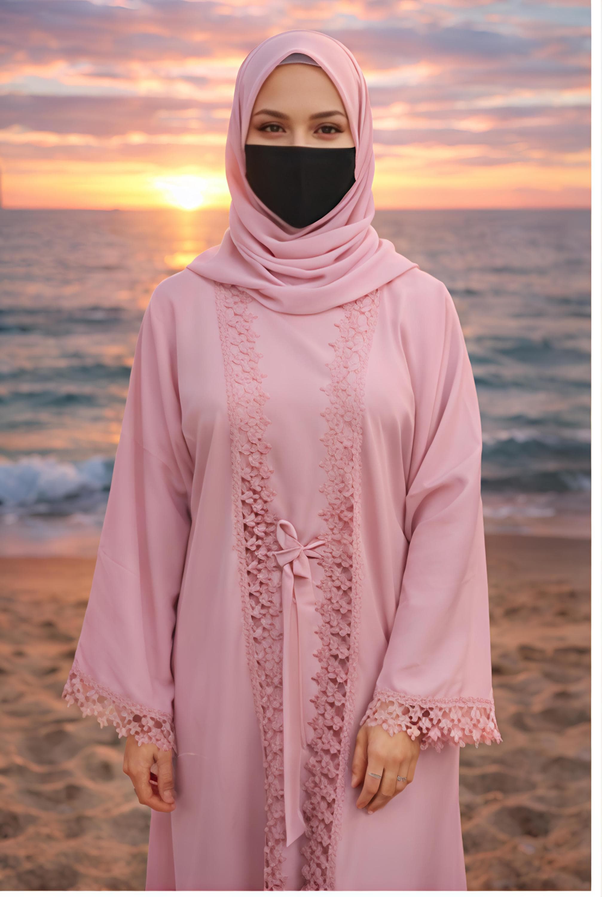 Pink Color Luxury Cut Work Lace Abaya Kimono: Dubai Modest Fashion, Headscarf and Belt - image 3