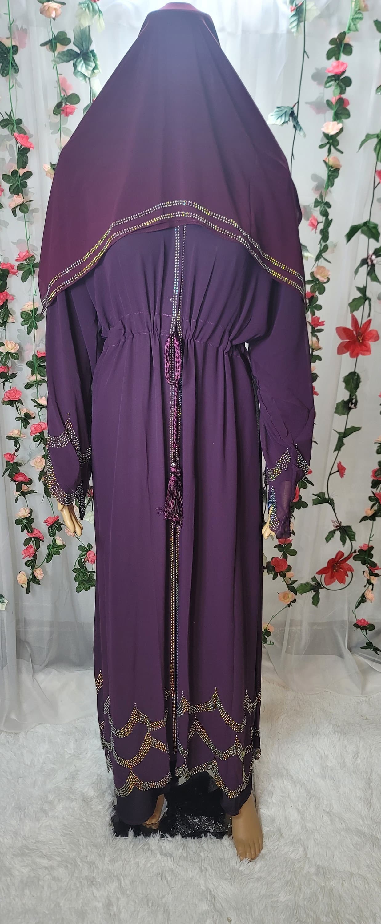 Purple Rhinestone Abaya with Headscarf & Belt - image 3