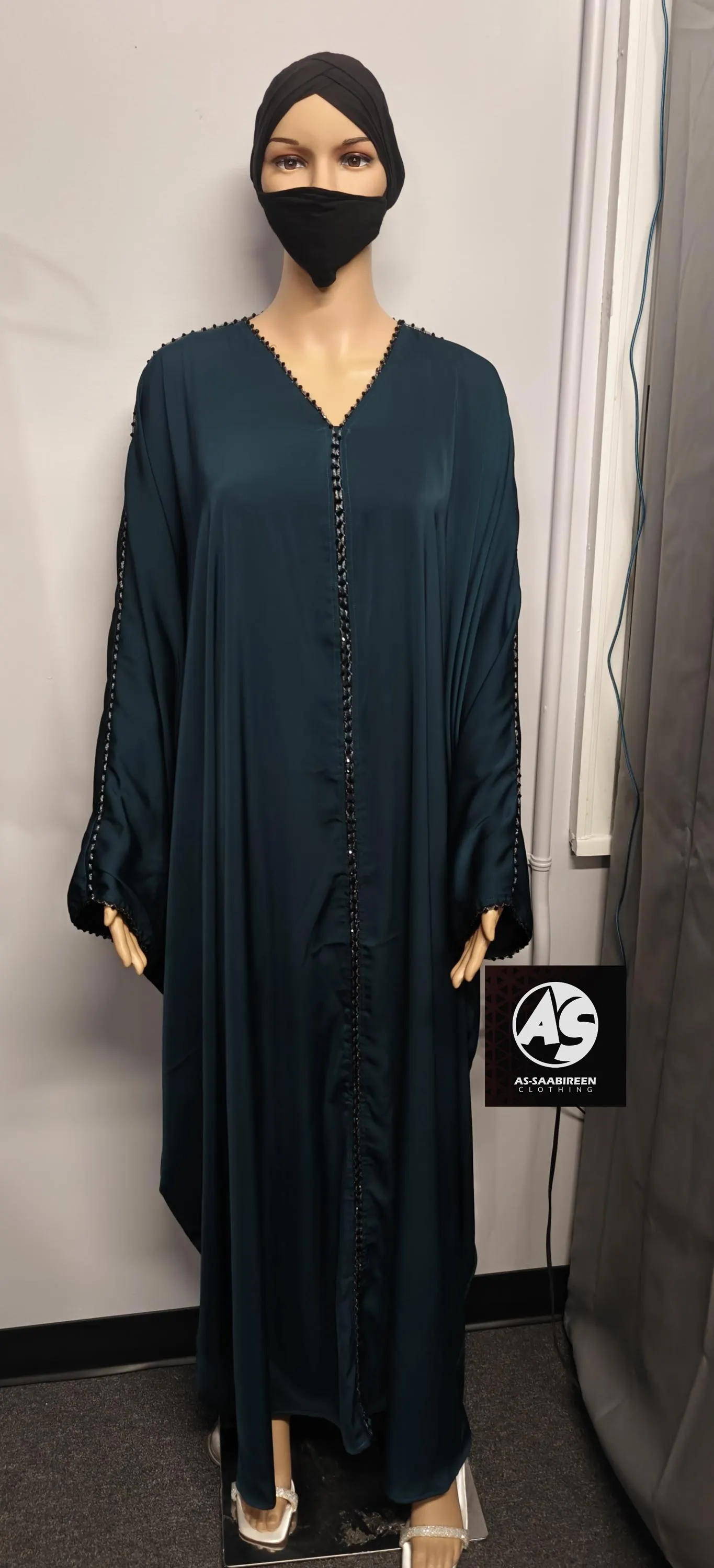 Dark Teal Color Beaded Nidah Abaya Kimono: Dubai Modest Fashion - image 4