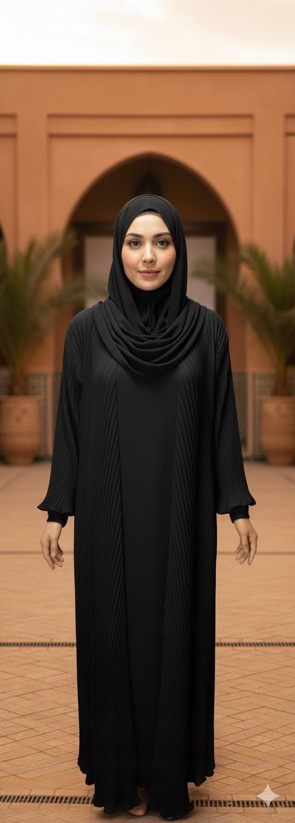 Pleated Black Abaya Kimono: Modest Fashion Dress with Headscarf & Belt