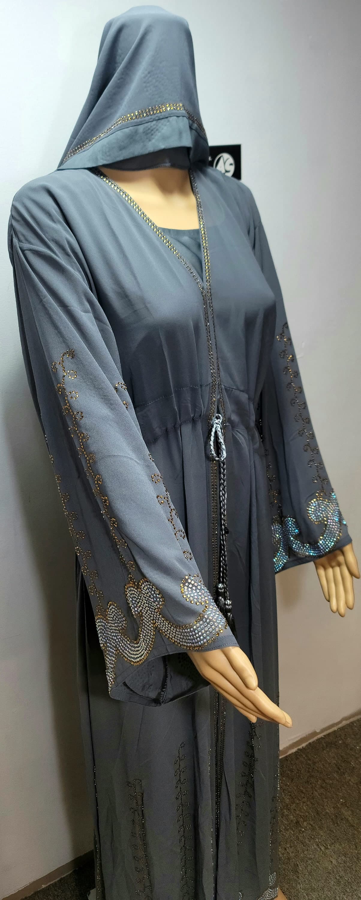 Rhinestone Gray Chiffon Abaya Kimono with Headscarf & Belt