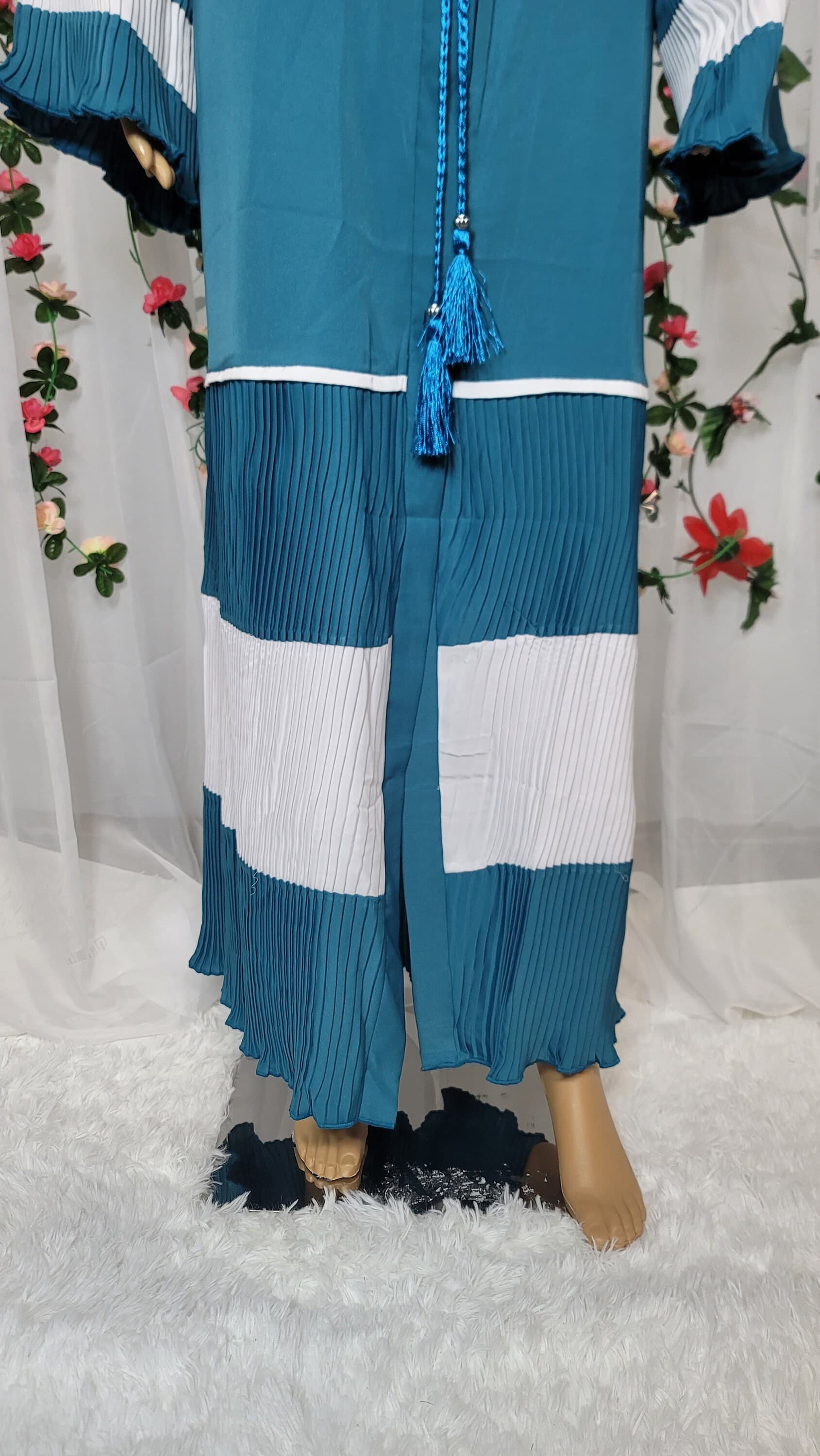 Teal Pleated Abaya Kimono with Headscarf & Belt - image 5
