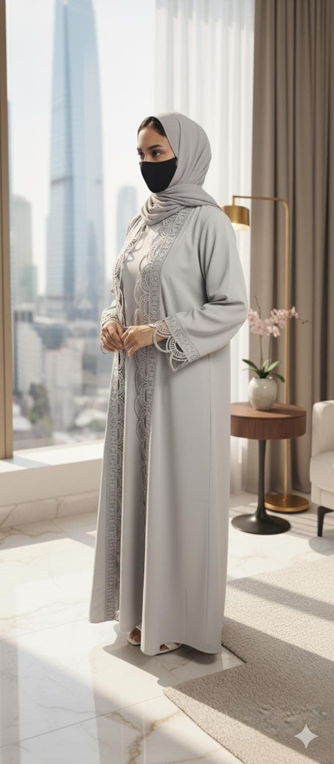 Gray Color Luxury Cut Work Lace Abaya Kimono: Dubai Modest Fashion, Headscarf and Belt