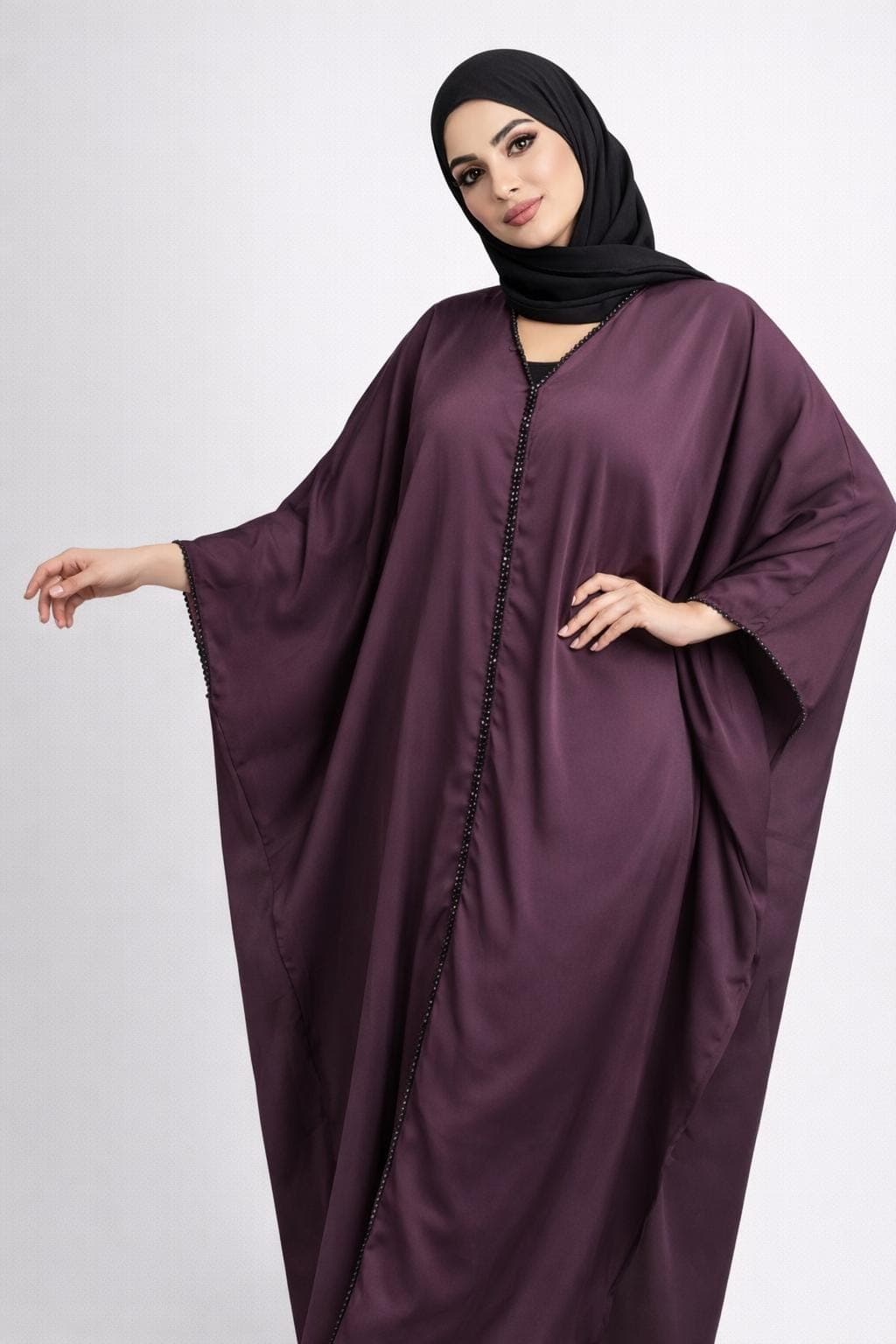 Dark Purple Beaded Nidah Abaya Kimono: Dubai Modest Fashion - image 5