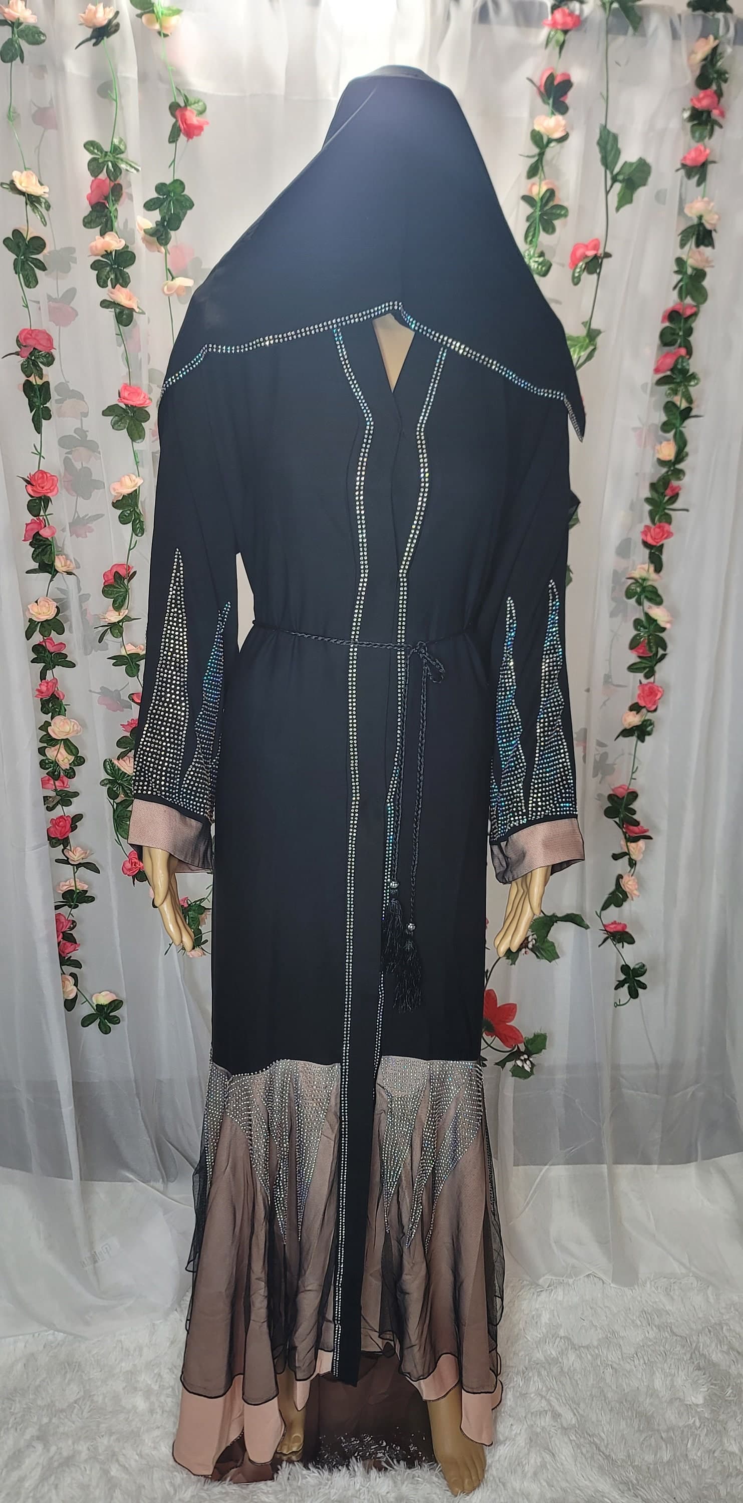 Rhinestone Black Abaya: Dubai Modest Fashion Kimono with Headscarf & Belt - image 3
