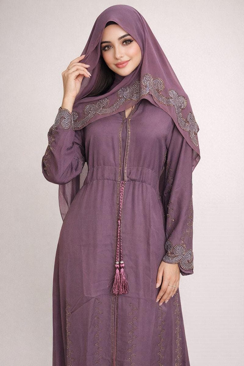Lavender Rhinestone Abaya with Headscarf & Belt
