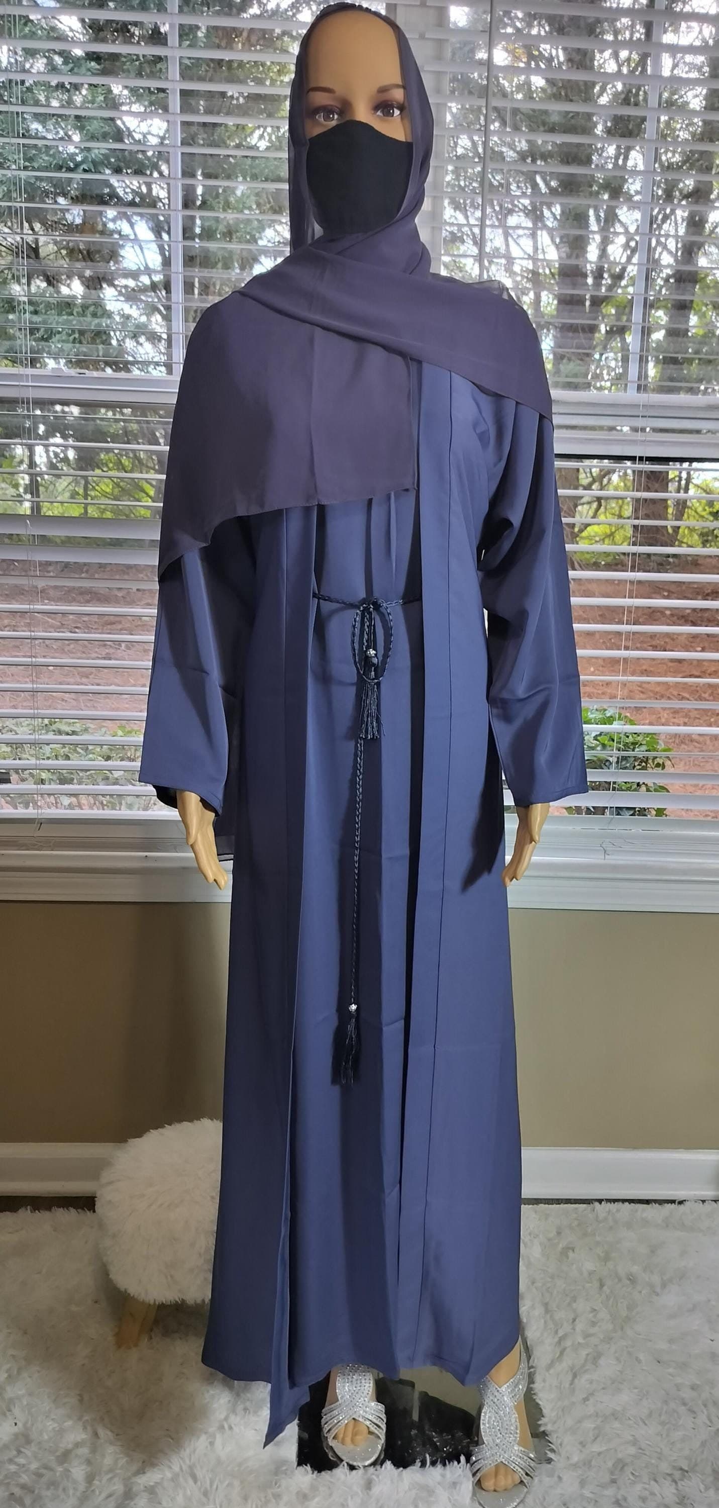 Blue Plain Abaya: Modest Dubai Fashion Kimono with Headscarf, Belt & Pockets - image 4